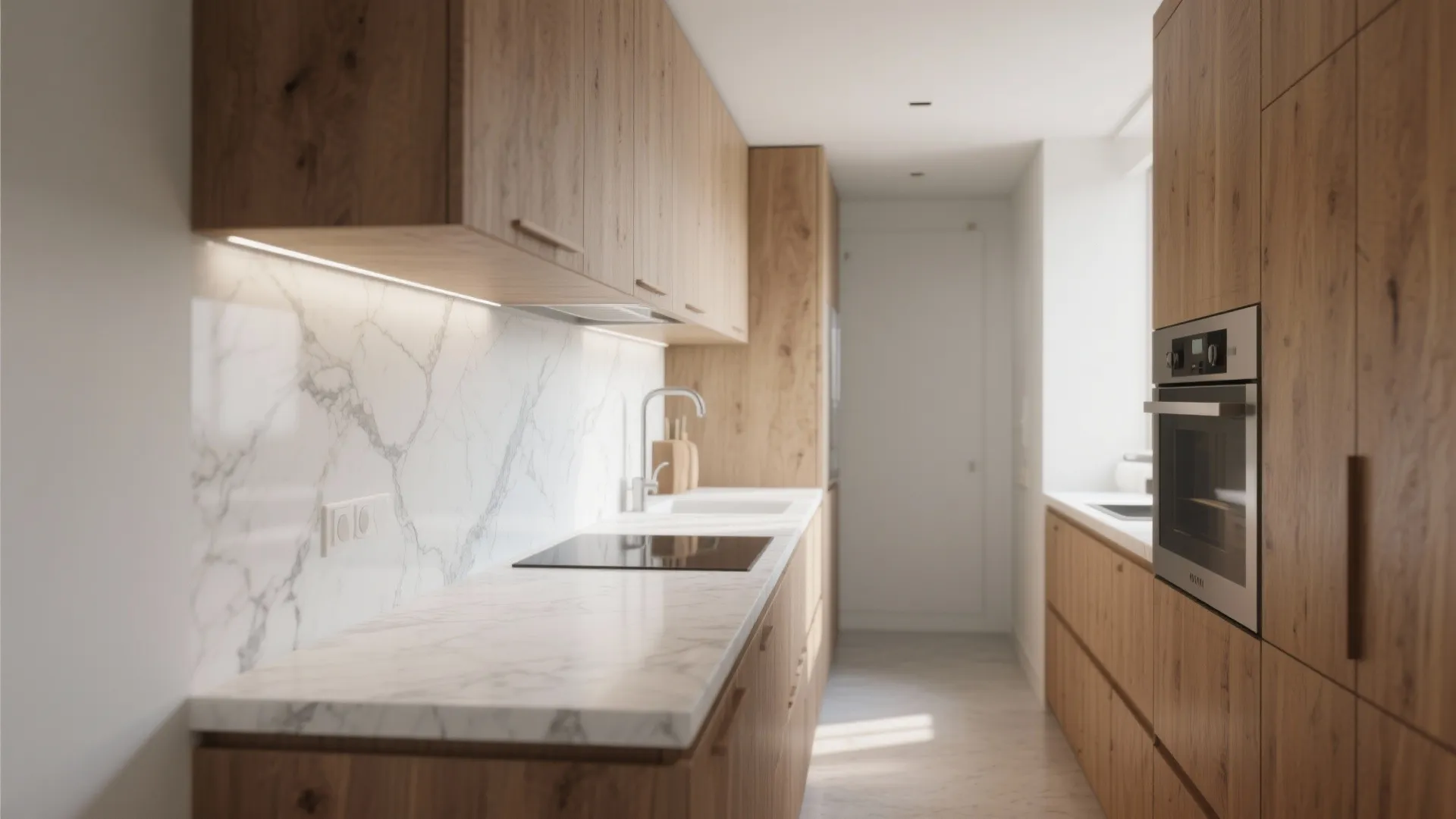 Minimalist kitchen with wooden cabinets white marble countertop built-in oven and bright natural light from window