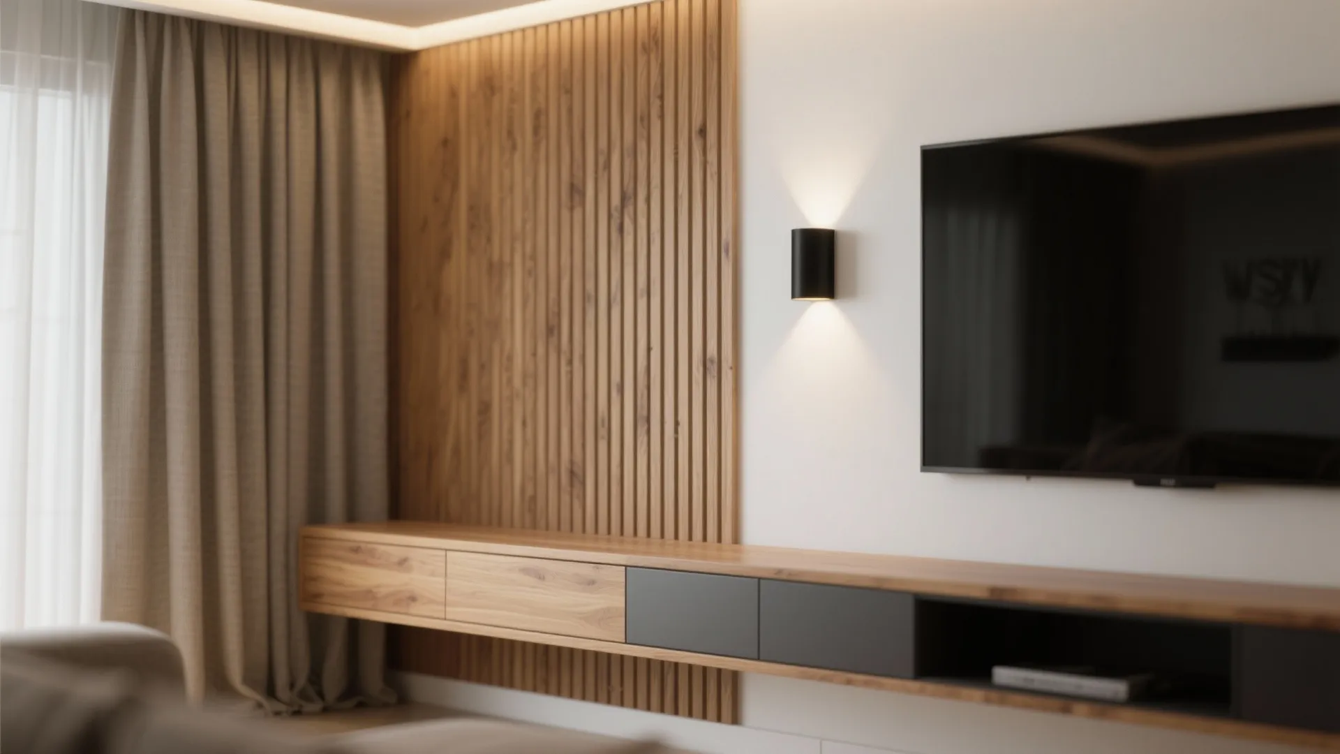 Warm wood and layered lighting for calm