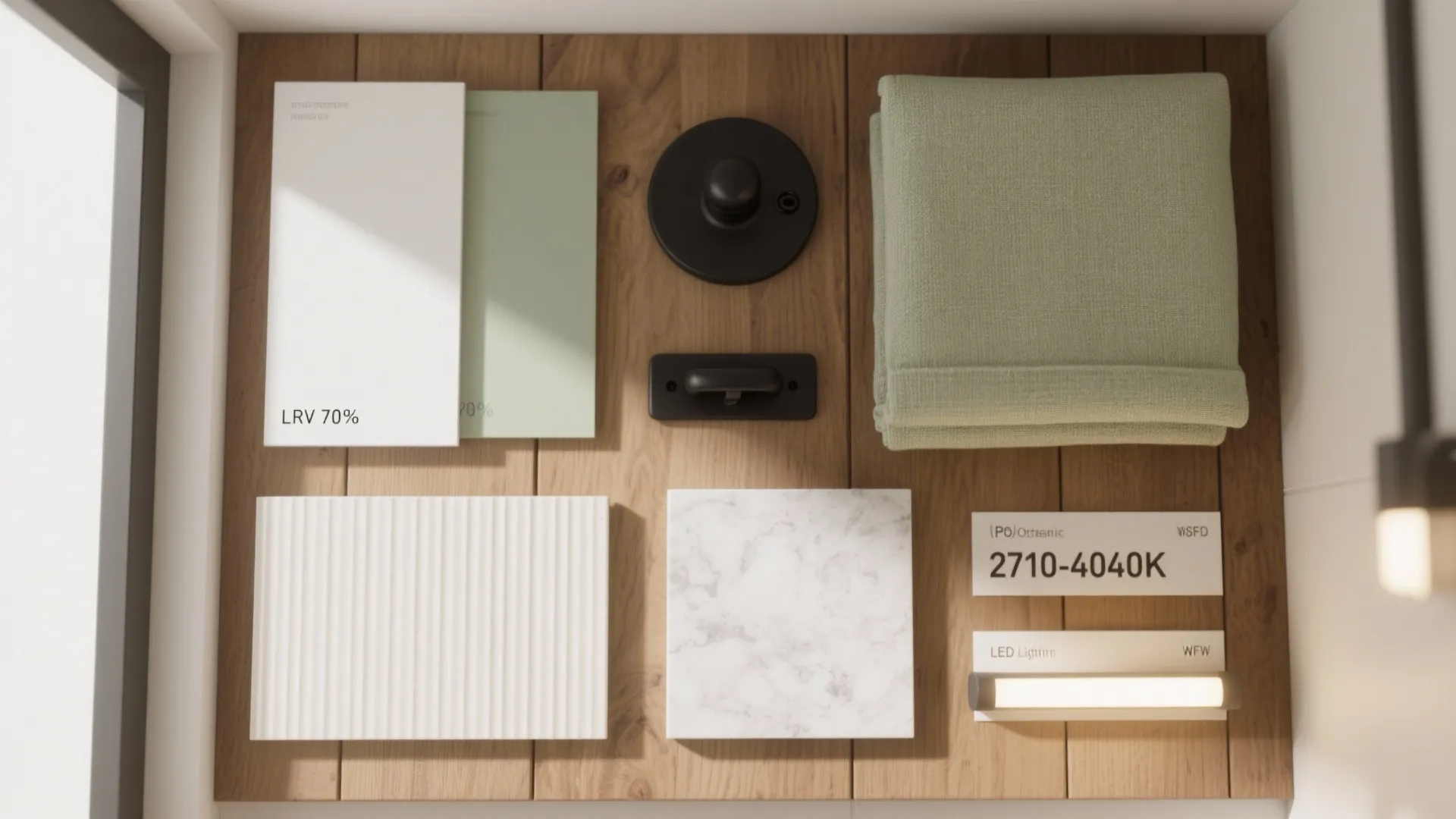 Warm wood + light palette, with layered lighting