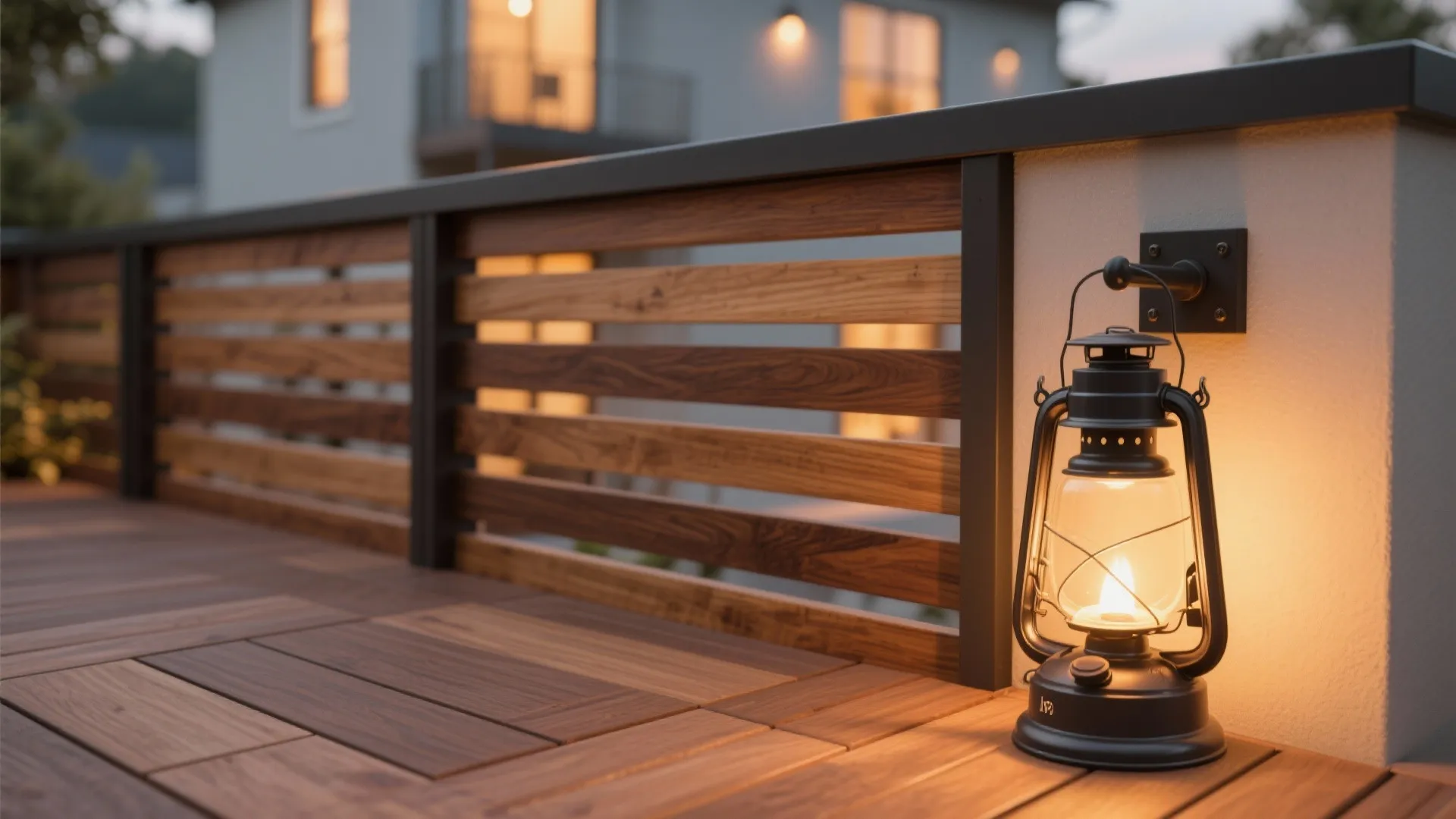 Outdoor wooden deck at night with a black metal lantern providing warm light for evening