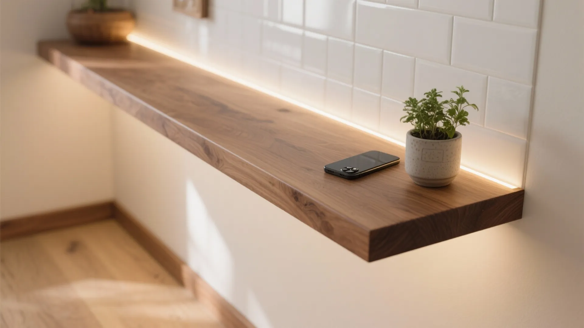 Warm wood elements and layered lighting