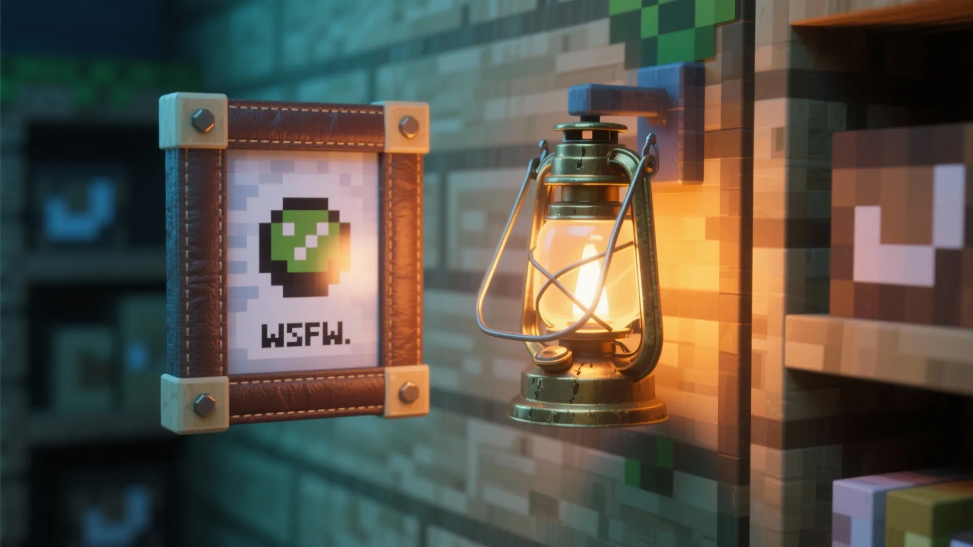 Close up of a glowing hanging light fixture next to a small framed pixelated picture