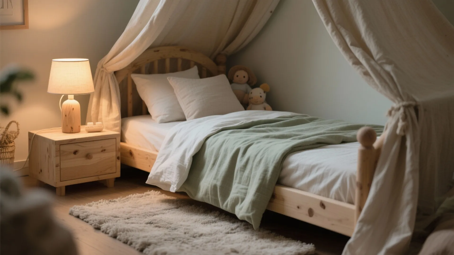 Macro of a linen canopy, warm 2700K lamp, birch wood grain, and cotton bedding that create a calming small kids room.