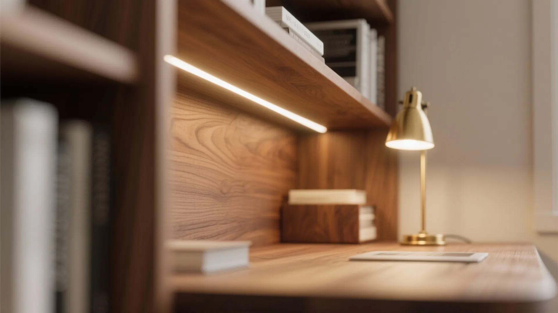 Warm wood tones and layered lighting