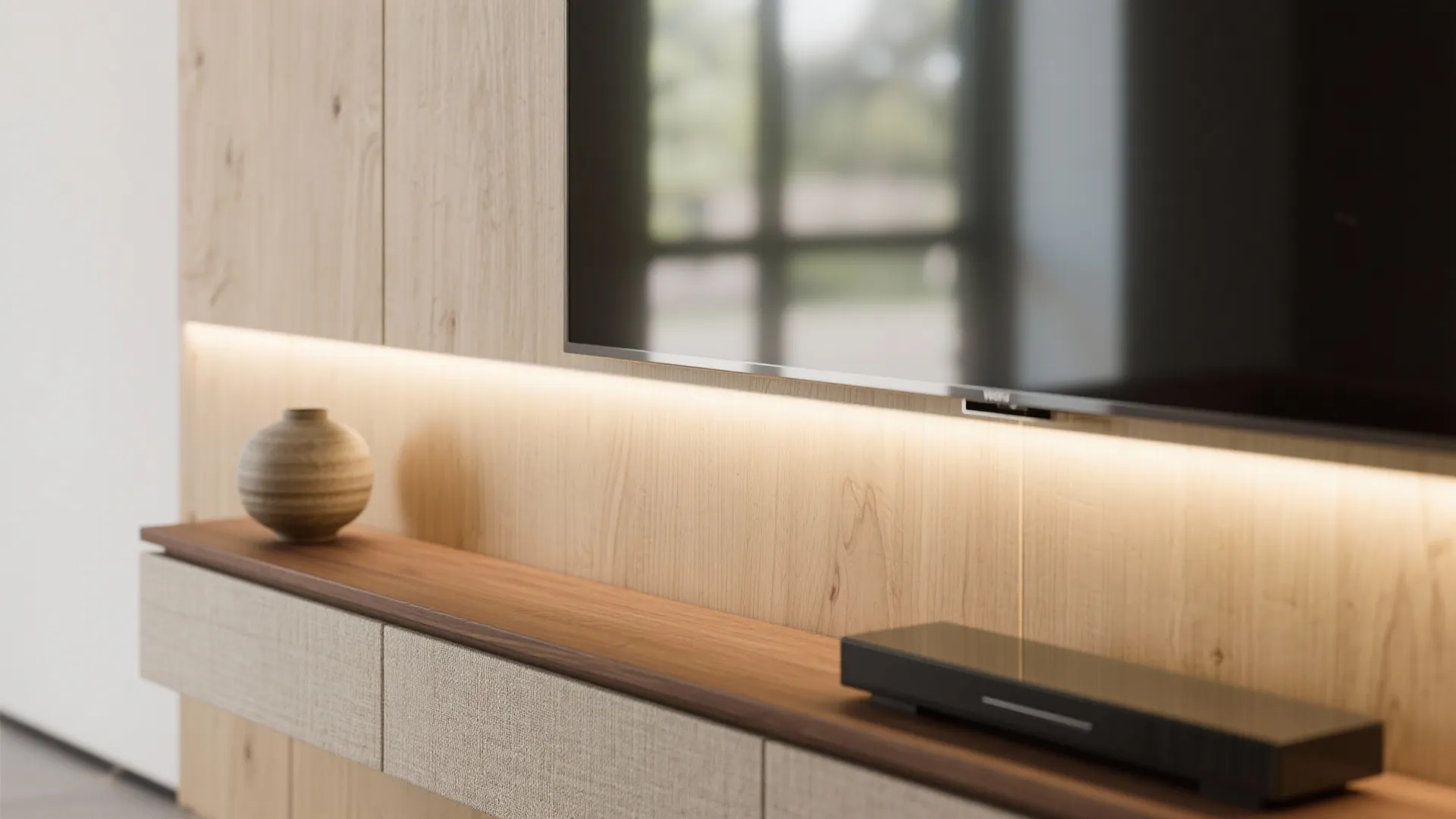 Television mounted on light wood wall panel with warm glow from hidden led light strips