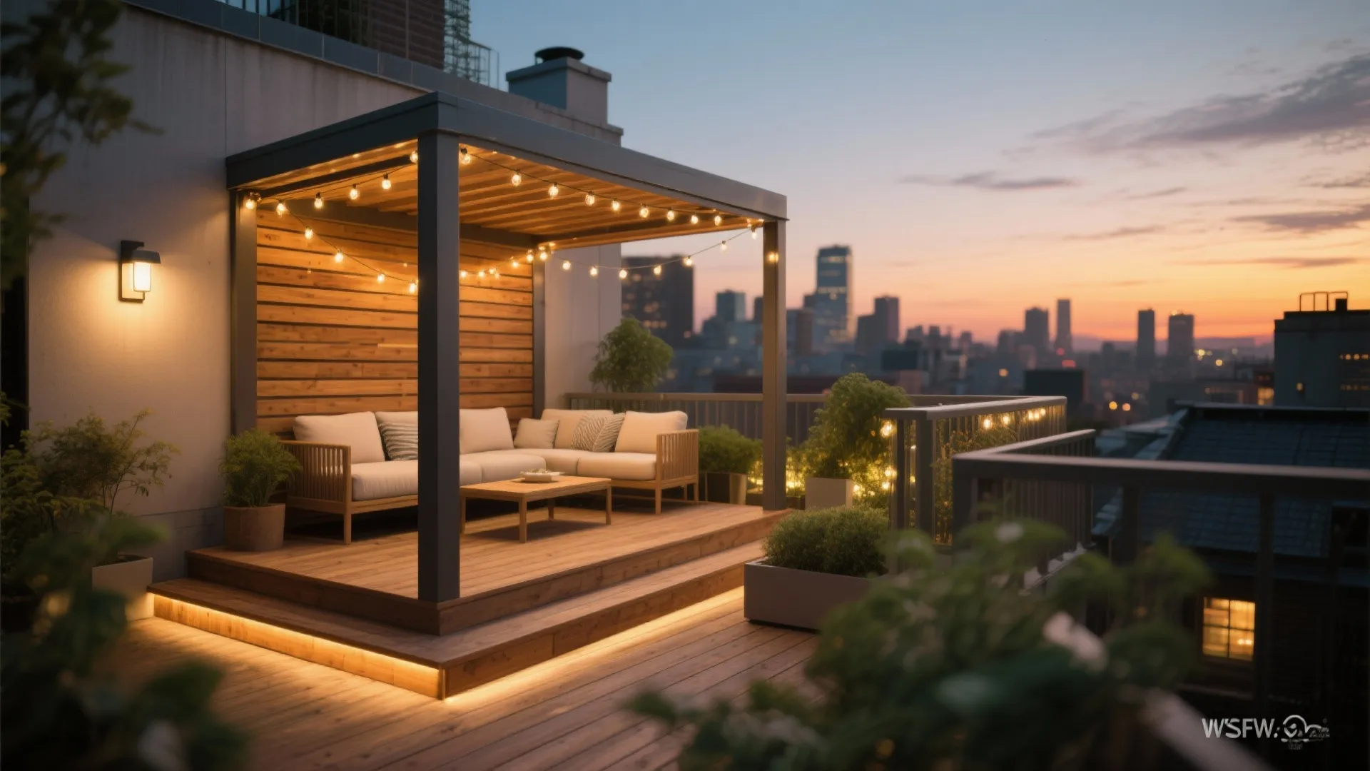Warm Wood Decking, Layered Lighting & a Micro-Pergola