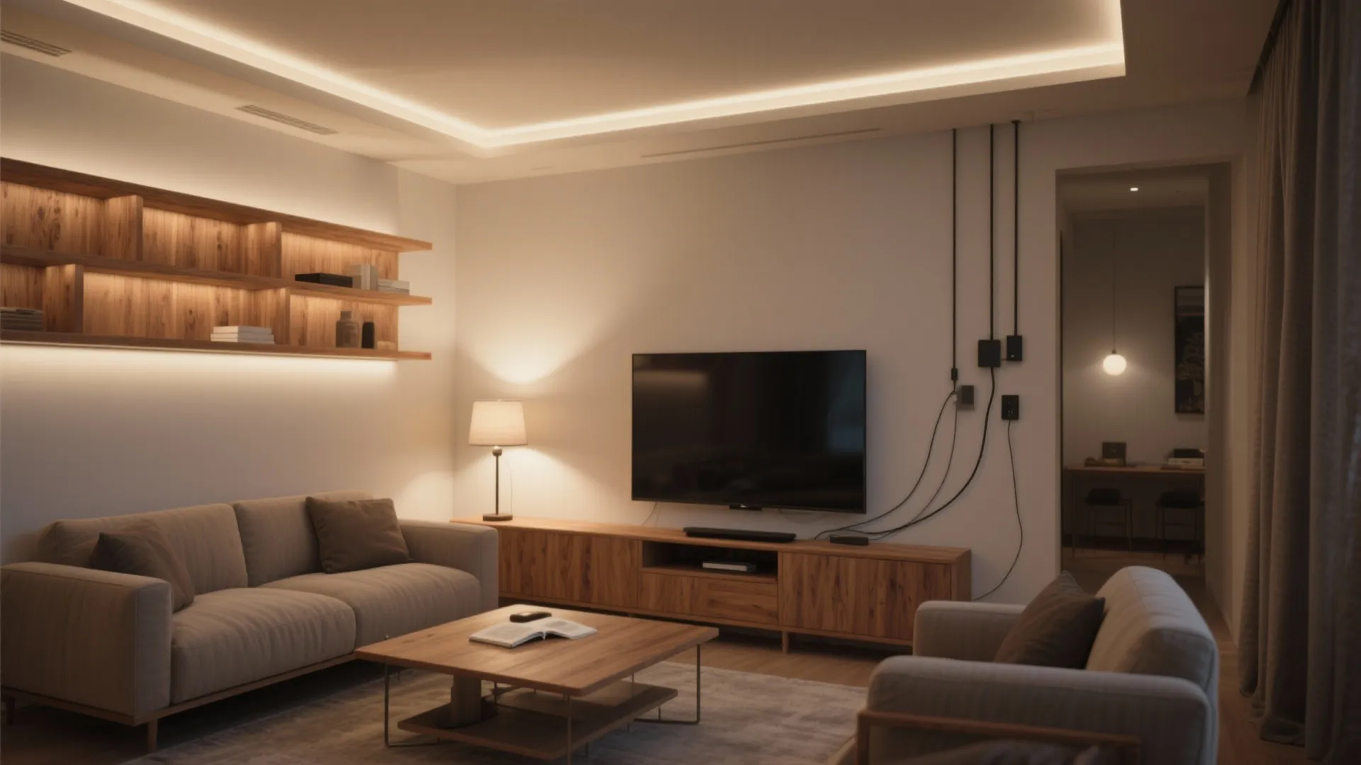 Warm wood accents and layered lighting