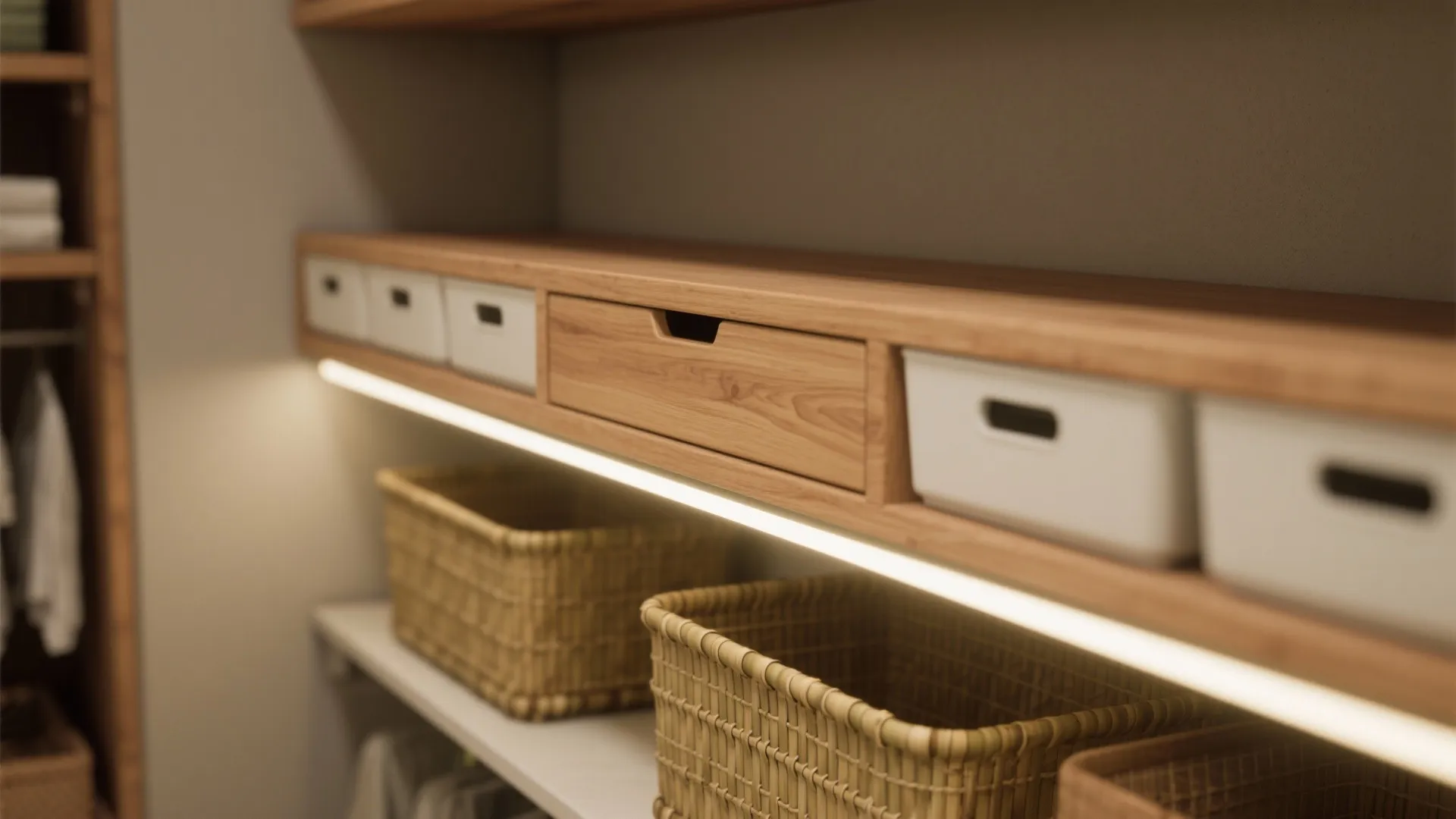 Close up of wooden closet shelf with light fixture white bins woven baskets and drawers