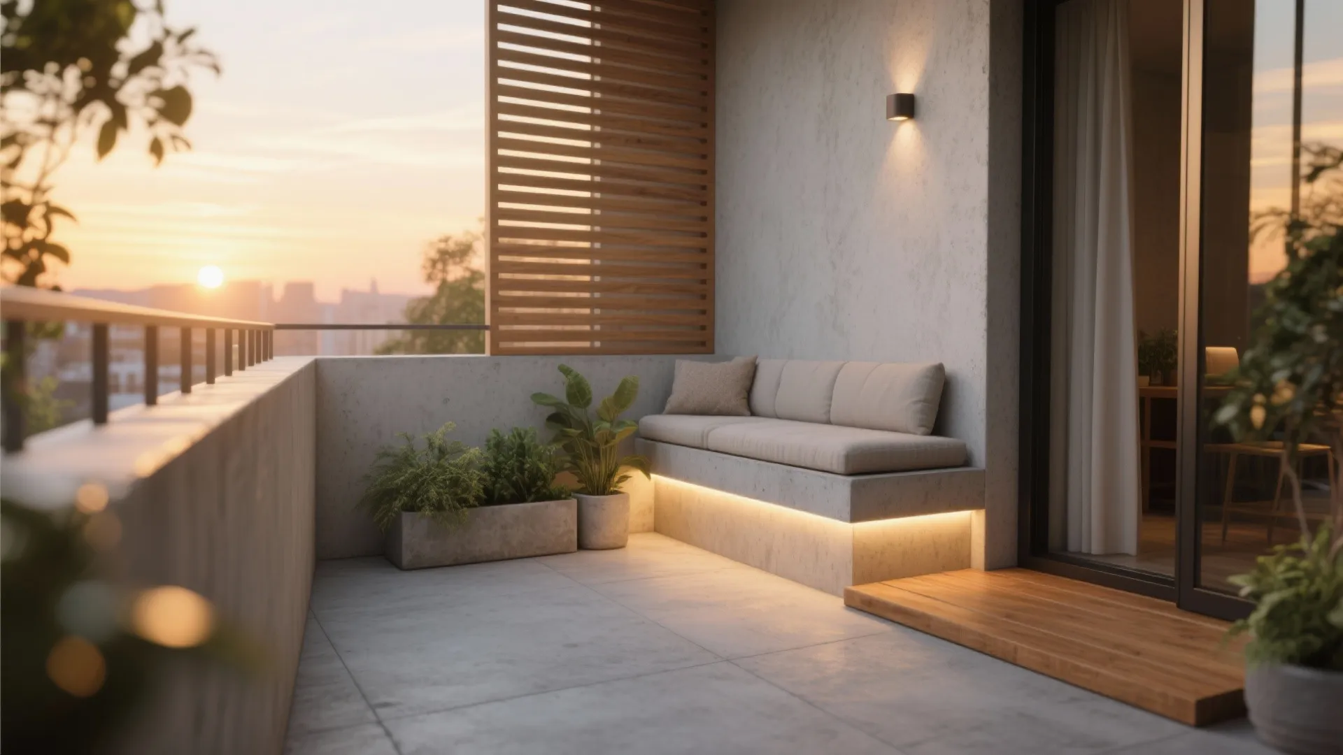Cozy balcony at sunset with built in sofa warm light wall light and green potted plants