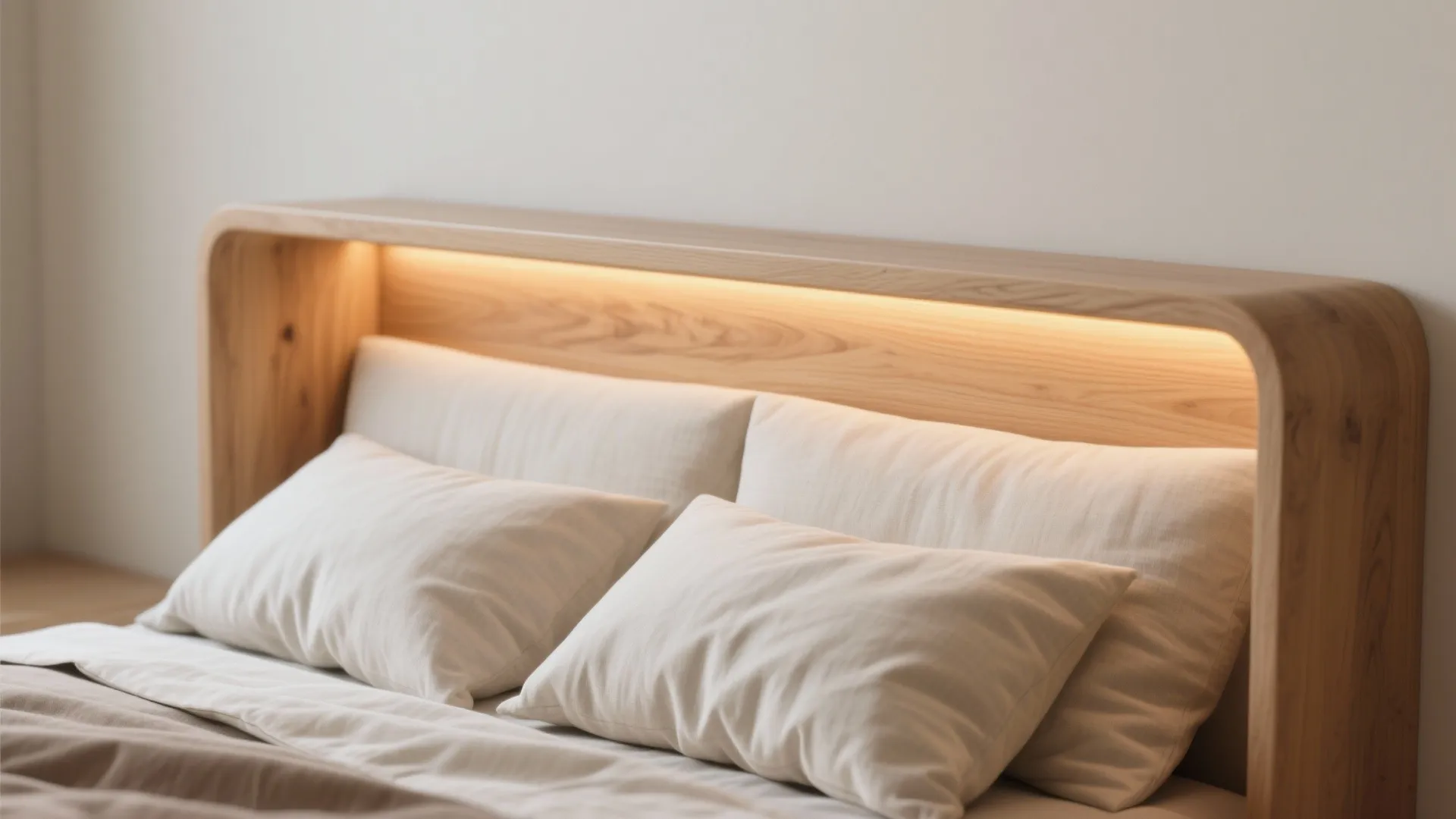 Close up of wooden bed headboard with warm light, white pillows, and soft beige bedding