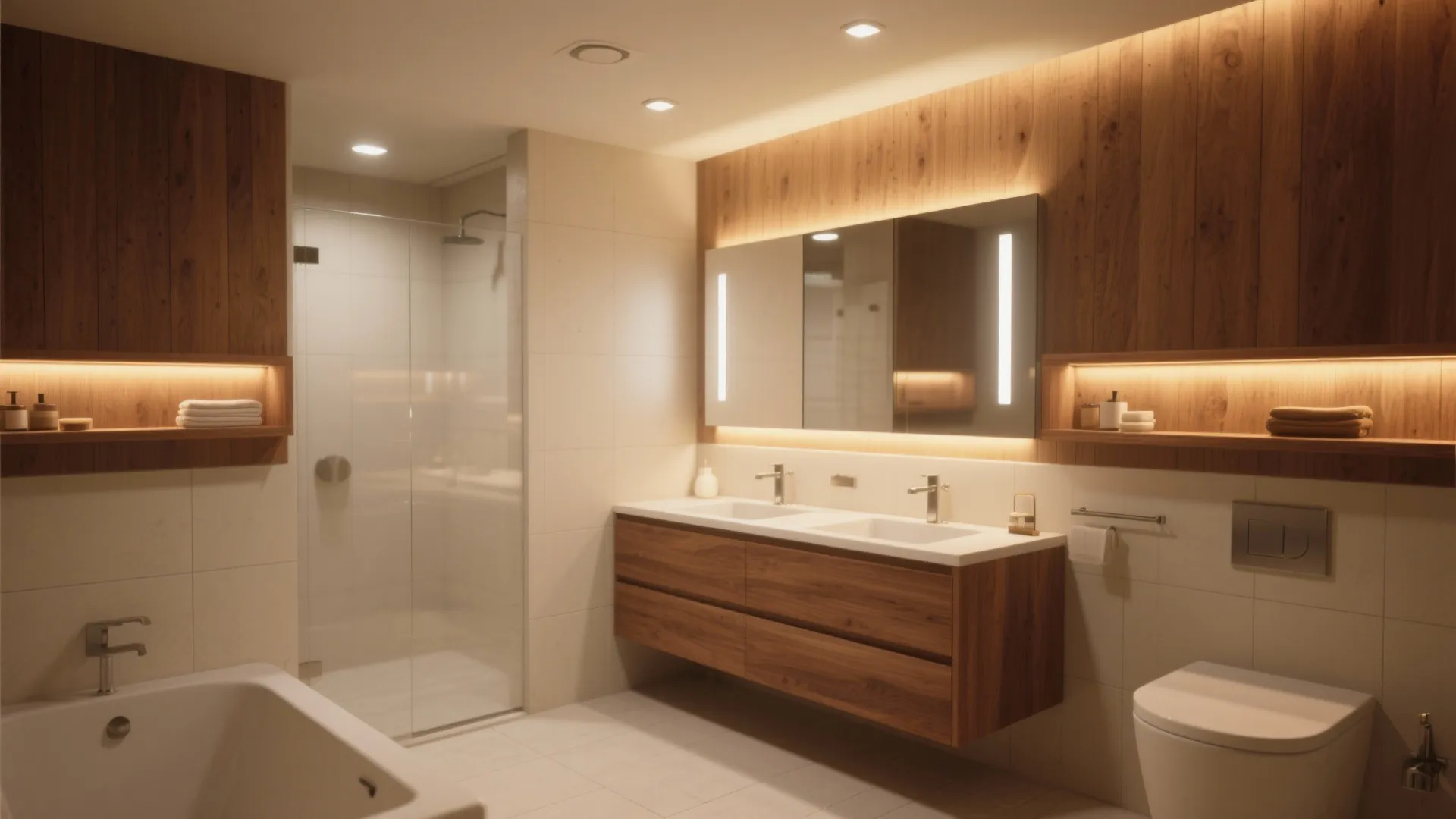 Warm wood accents and layered lighting