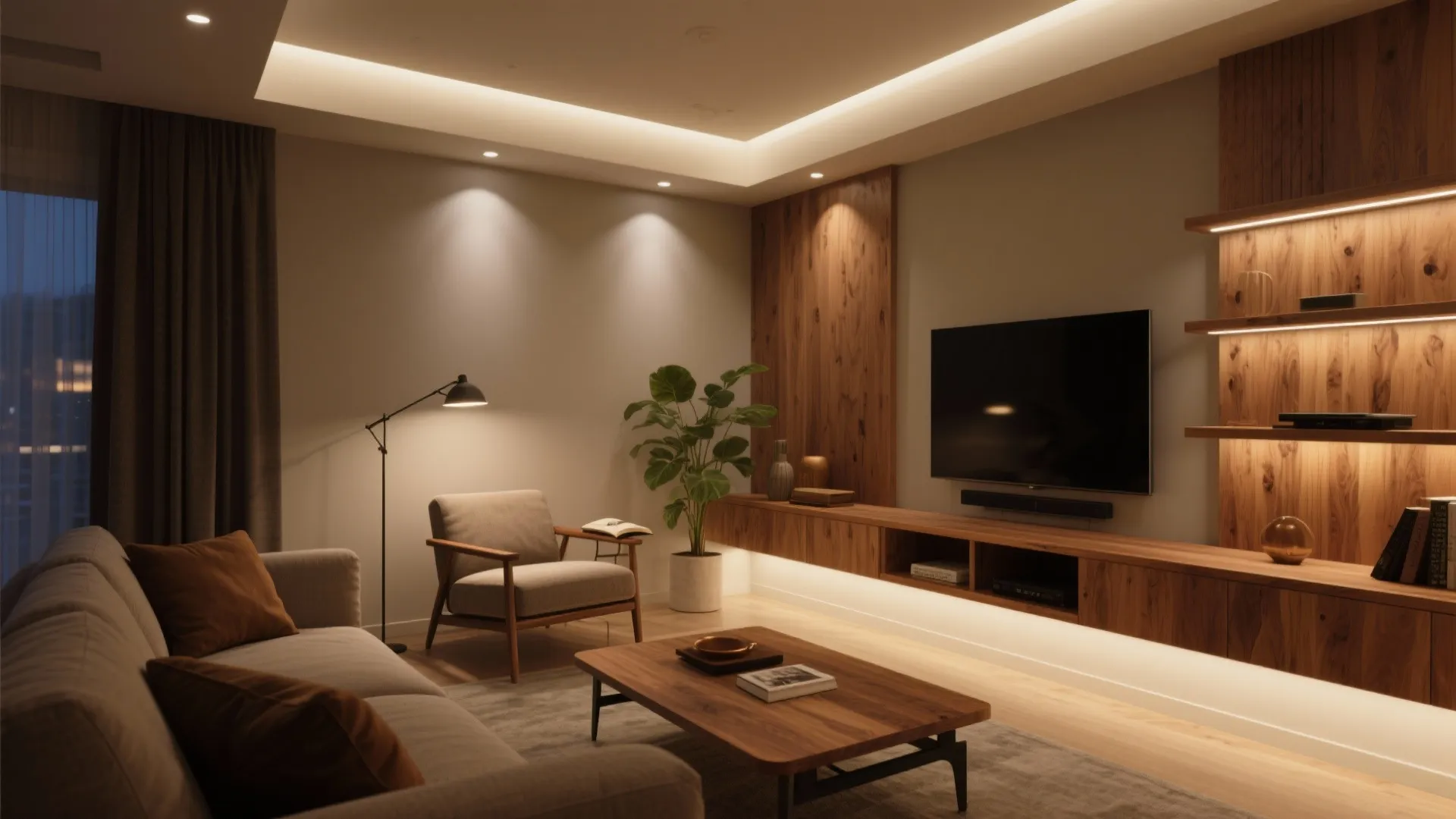 Warm wood accents and layered lighting to “grow” the room