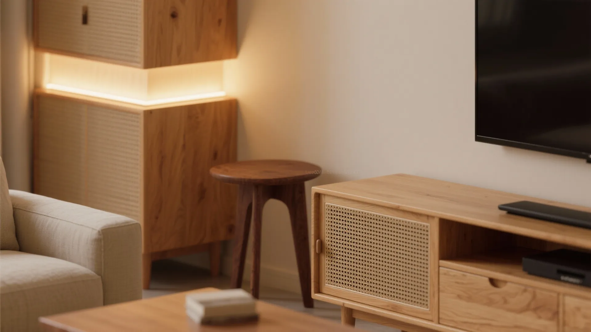 Warm wood accents and layered lighting