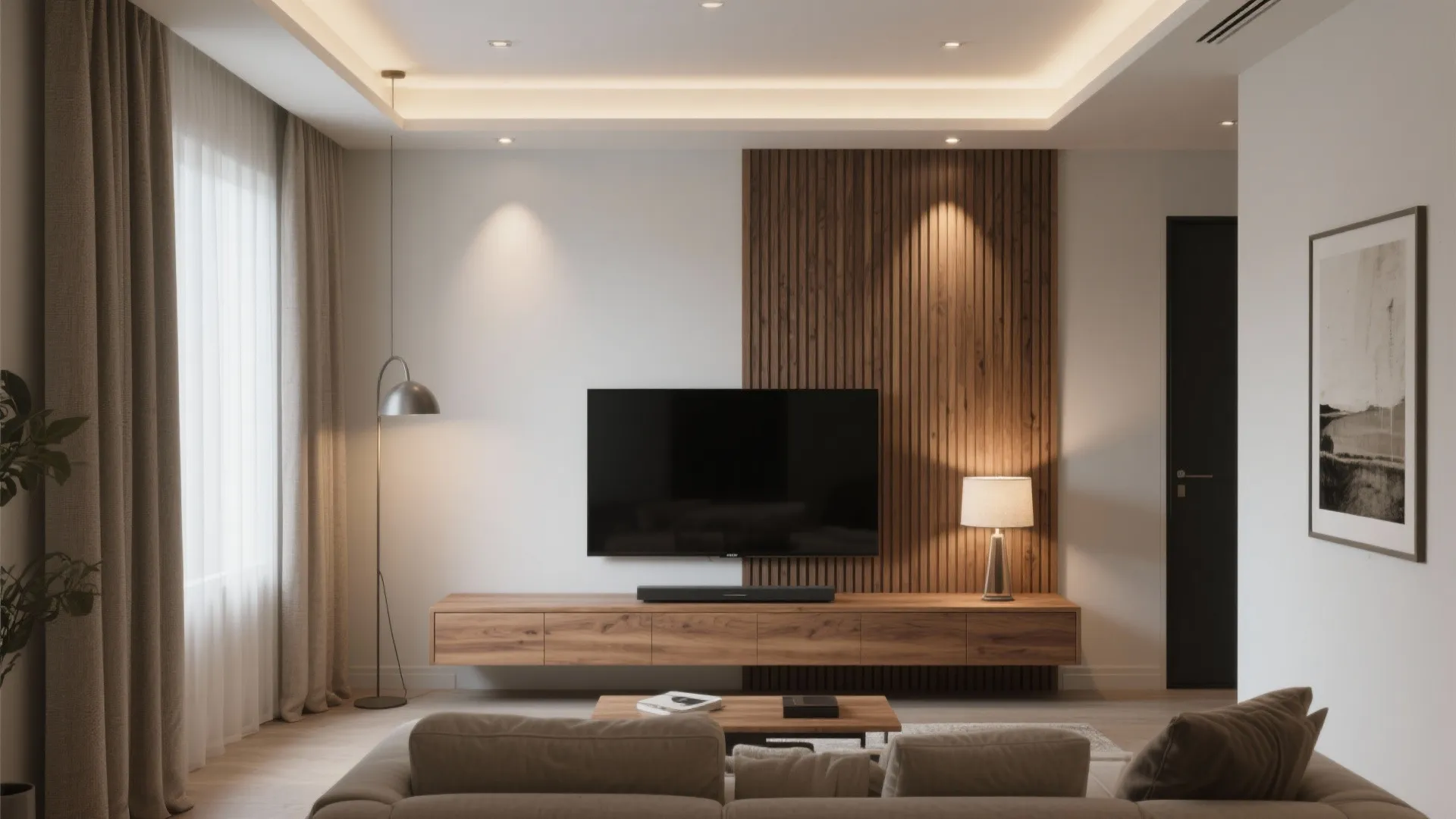 5) Warm wood accents and layered light (without making it heavy)