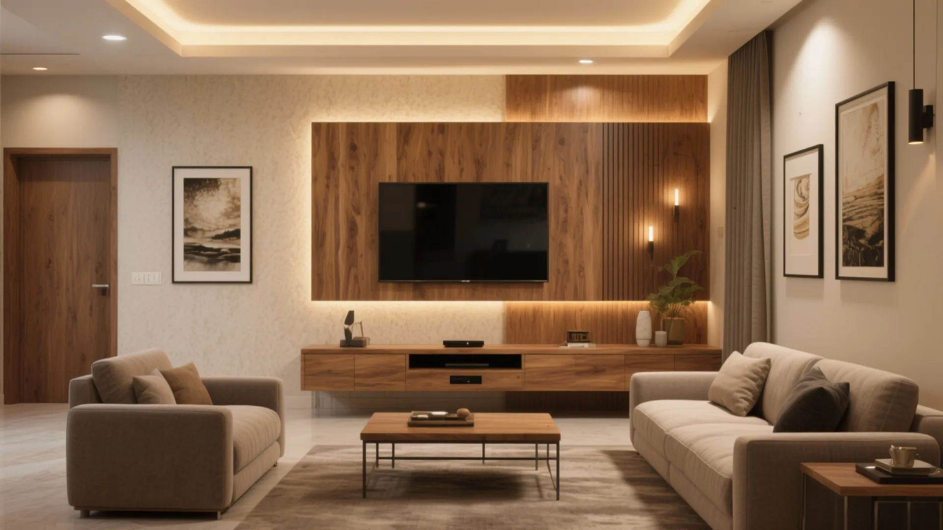 Warm wood tones and layered lighting