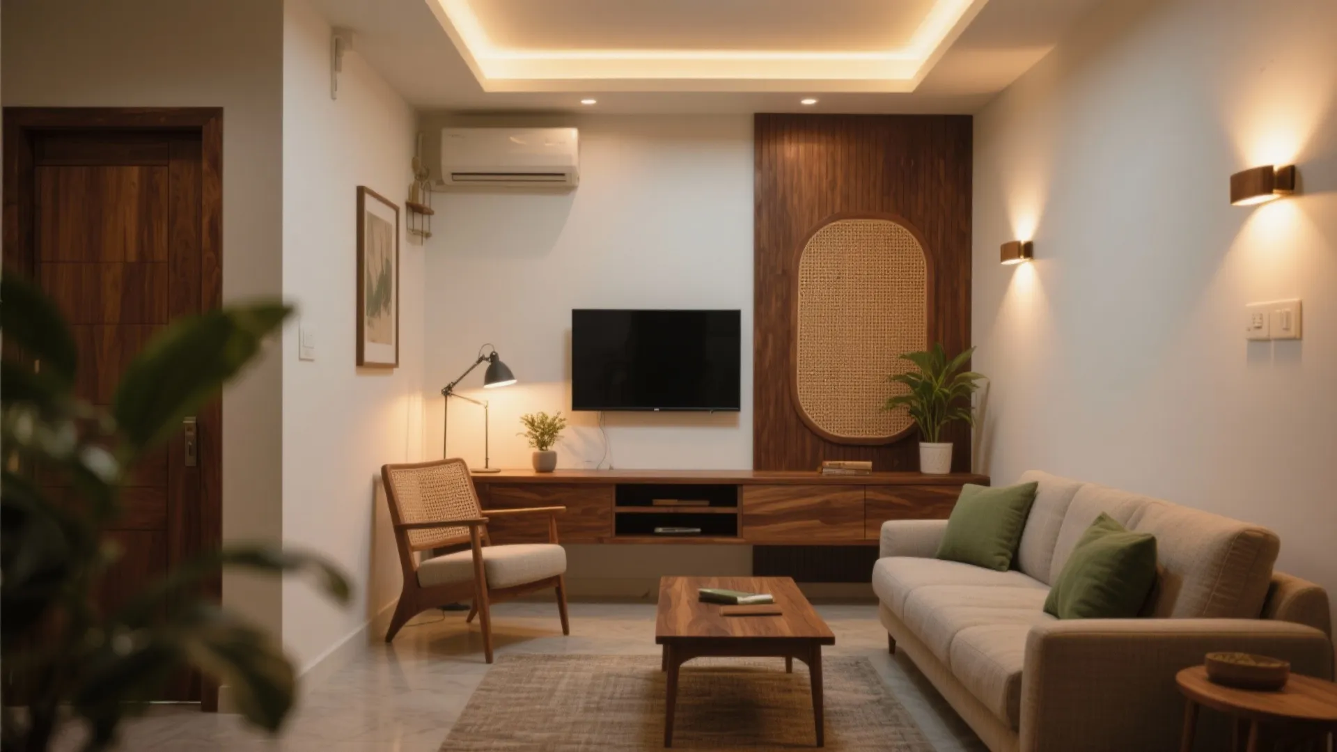 Warmth from wood accents and layered lighting