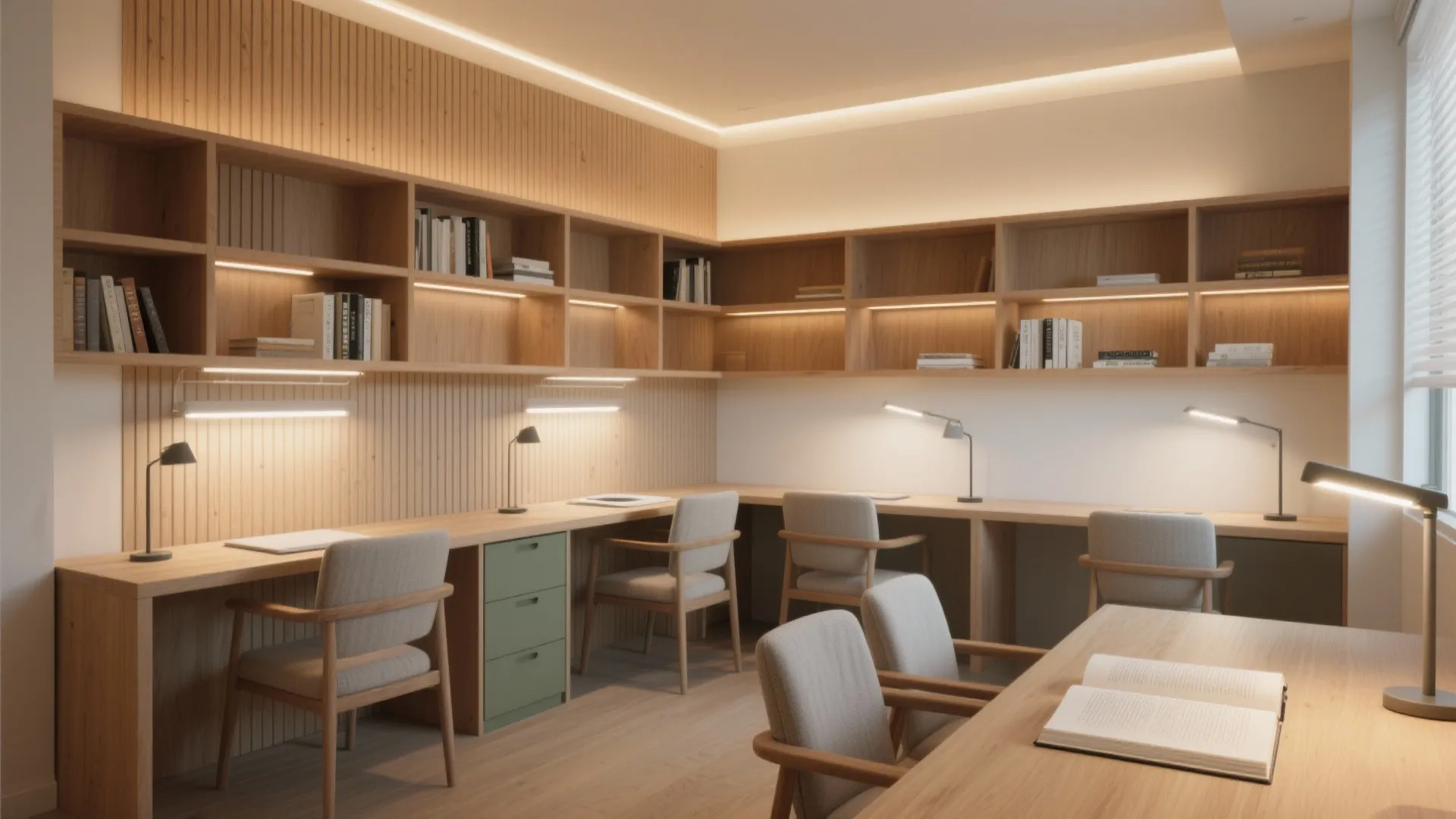 Warm wood and layered lighting