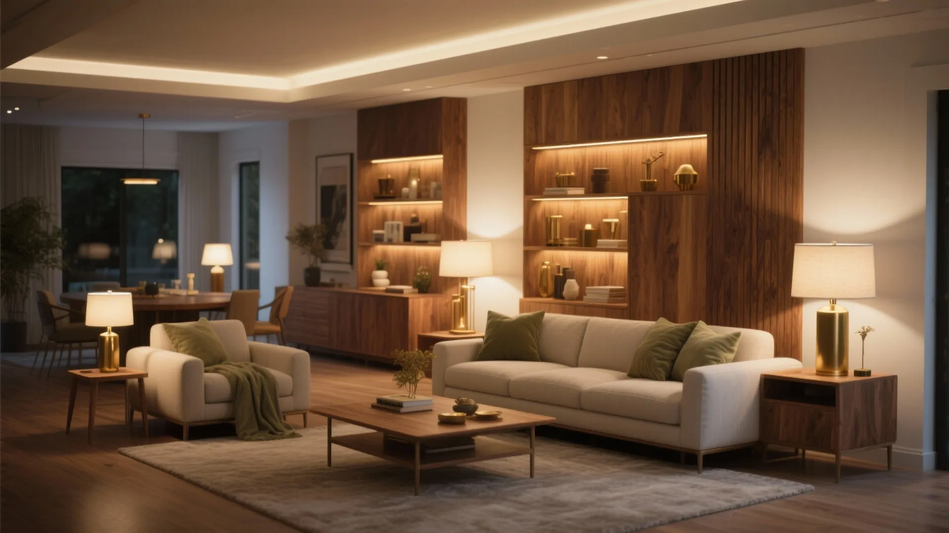 Warm wood accents and layered lighting for calm, cohesive rooms