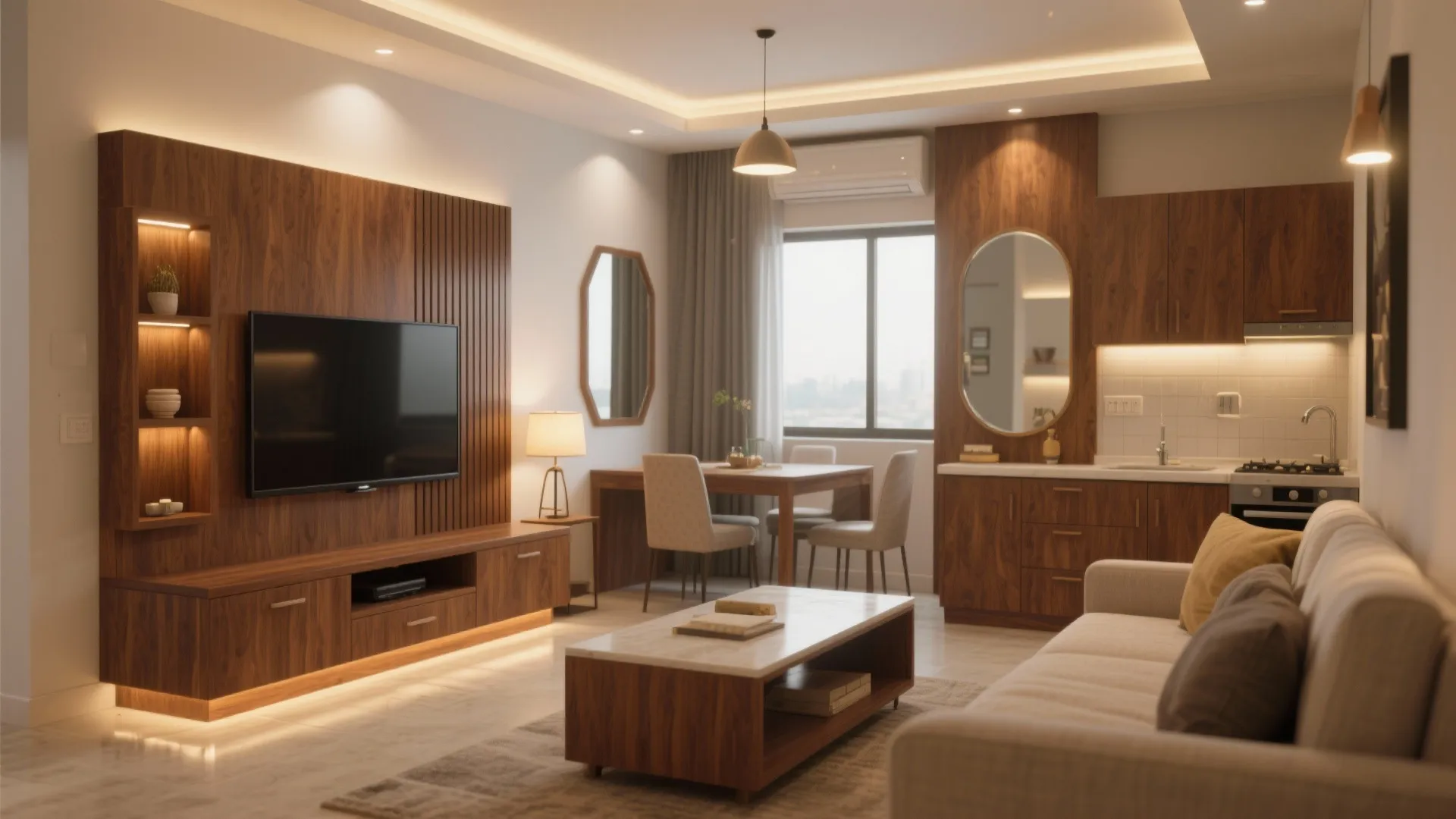 Warm Wood Accents and Layered Lighting