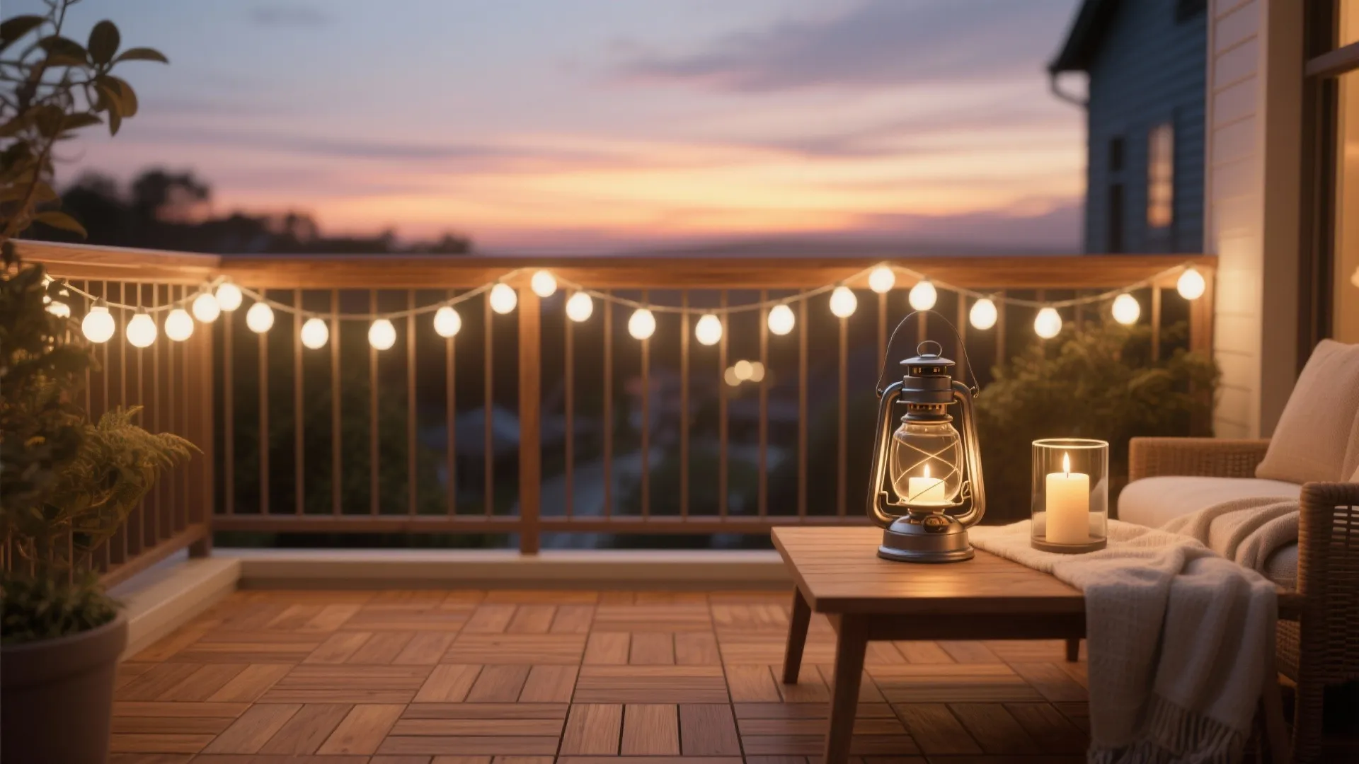 Warm string lights over wood deck tiles with a small lantern and candle creating cozy evening ambiance.