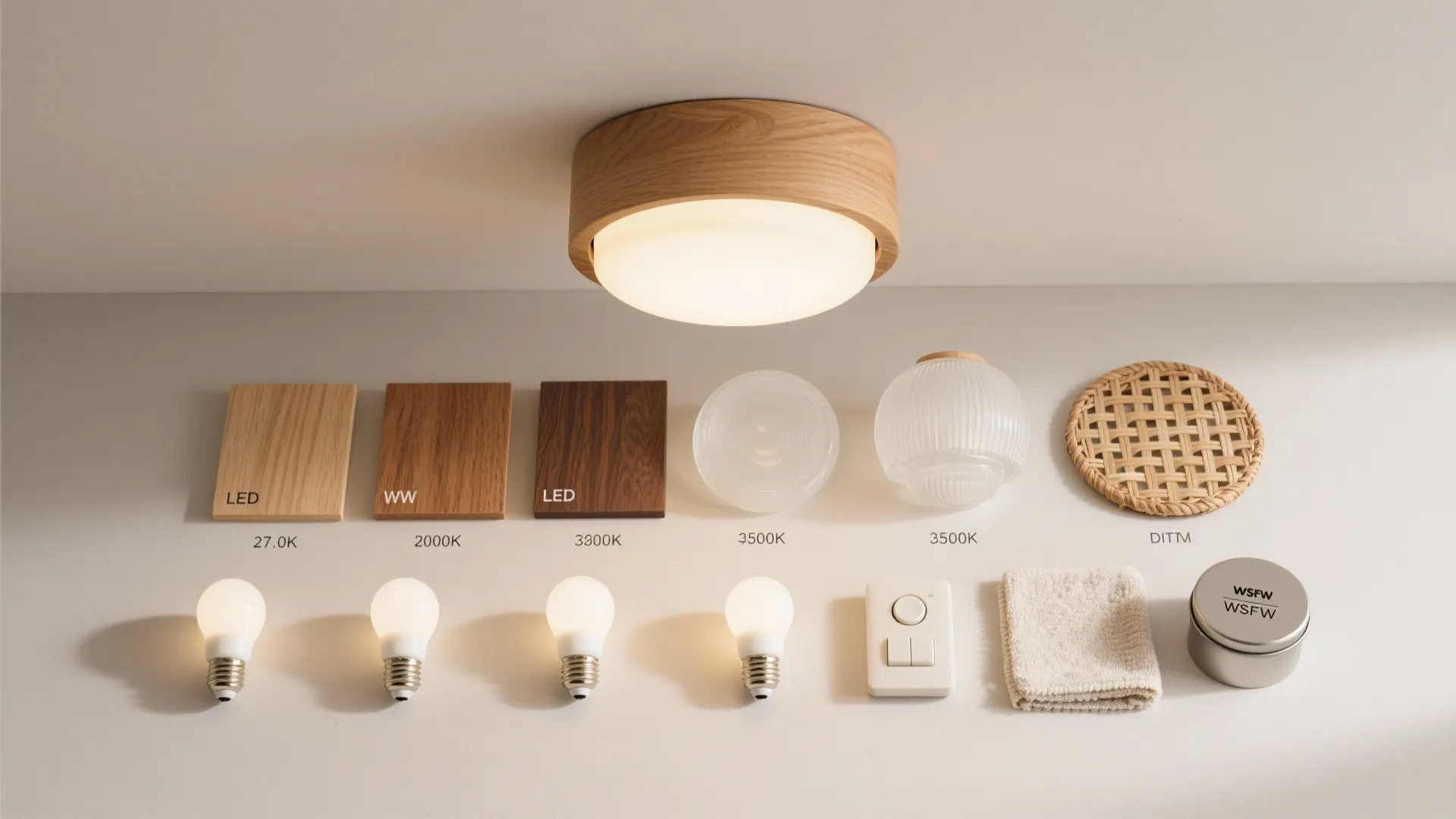 Flat lay of wood samples, opal glass, rattan, LED bulbs, dimmer, and cleaning tools for wooden lights.