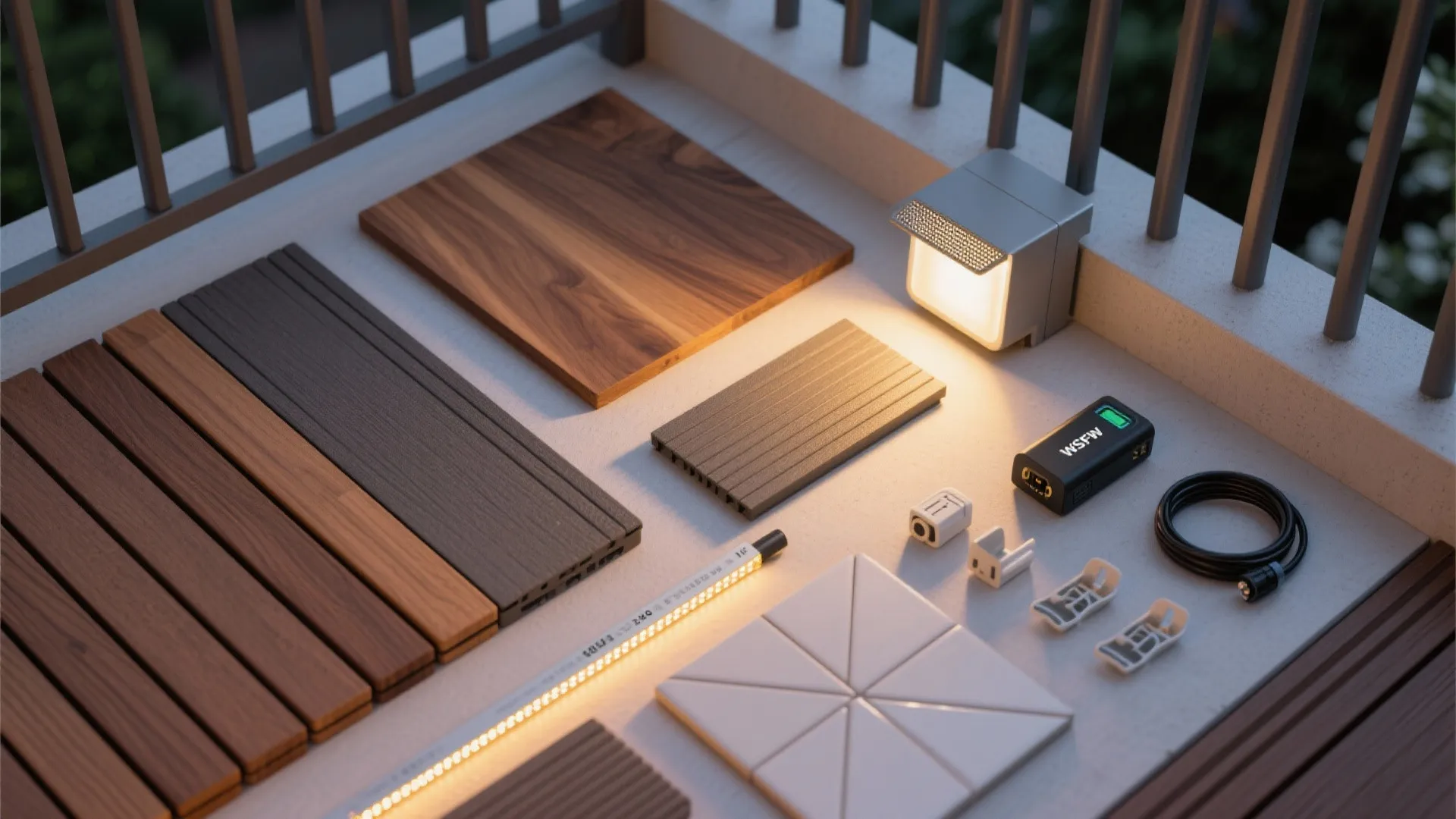 Top-down flatlay of teak, composite wood, warm LED fixtures, and outdoor connectors.