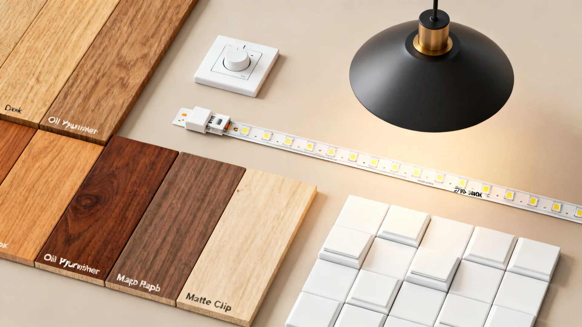 Flat lay of oak, walnut, maple samples with lighting components and finishes.