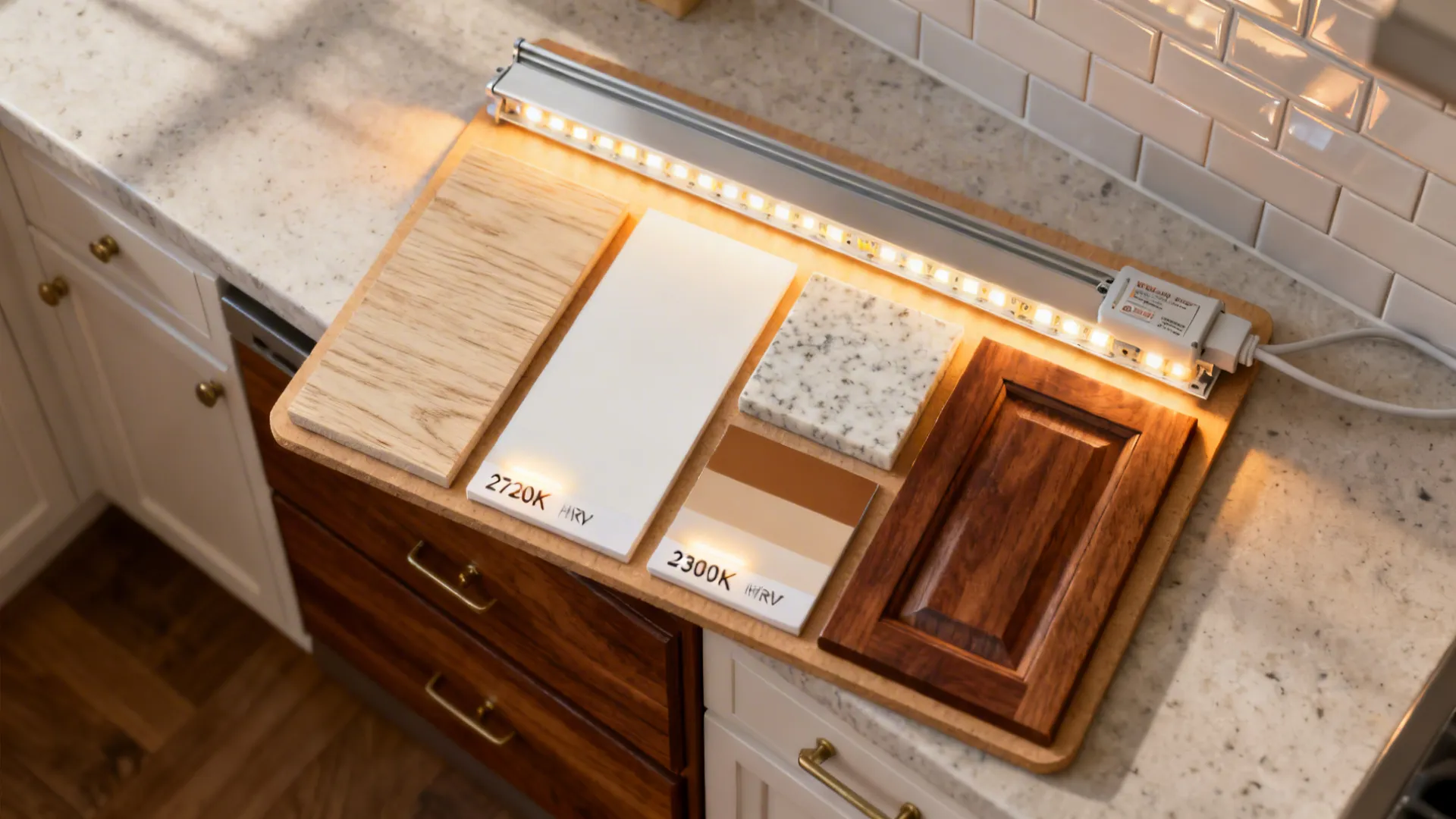 Top-down material board with white oak, walnut, warm white paint, quartz, glossy tile, and LED task lighting components.