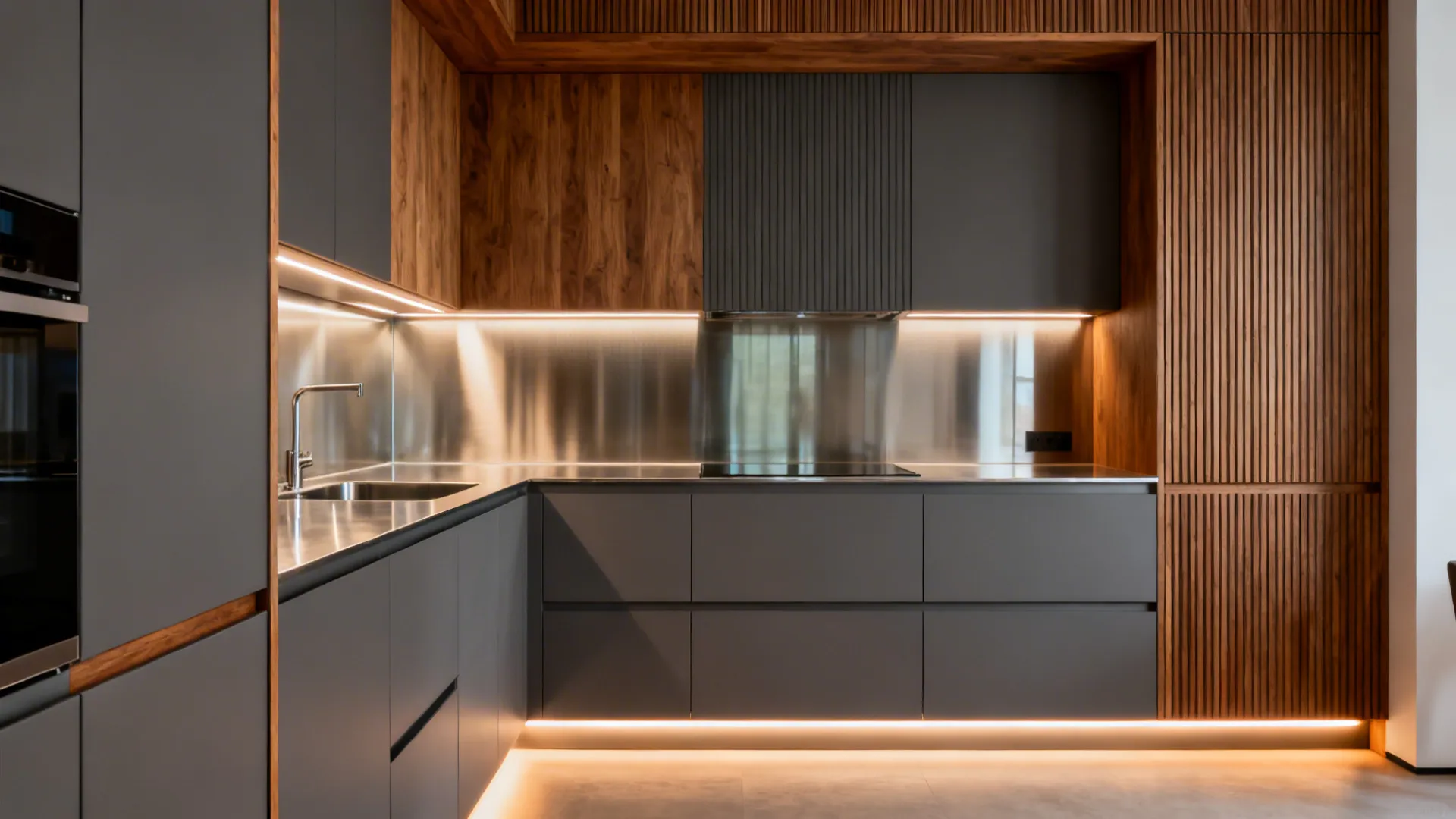Compact ultra-modern kitchen with oak accents and layered lighting including under-cabinet and toe-kick LEDs.