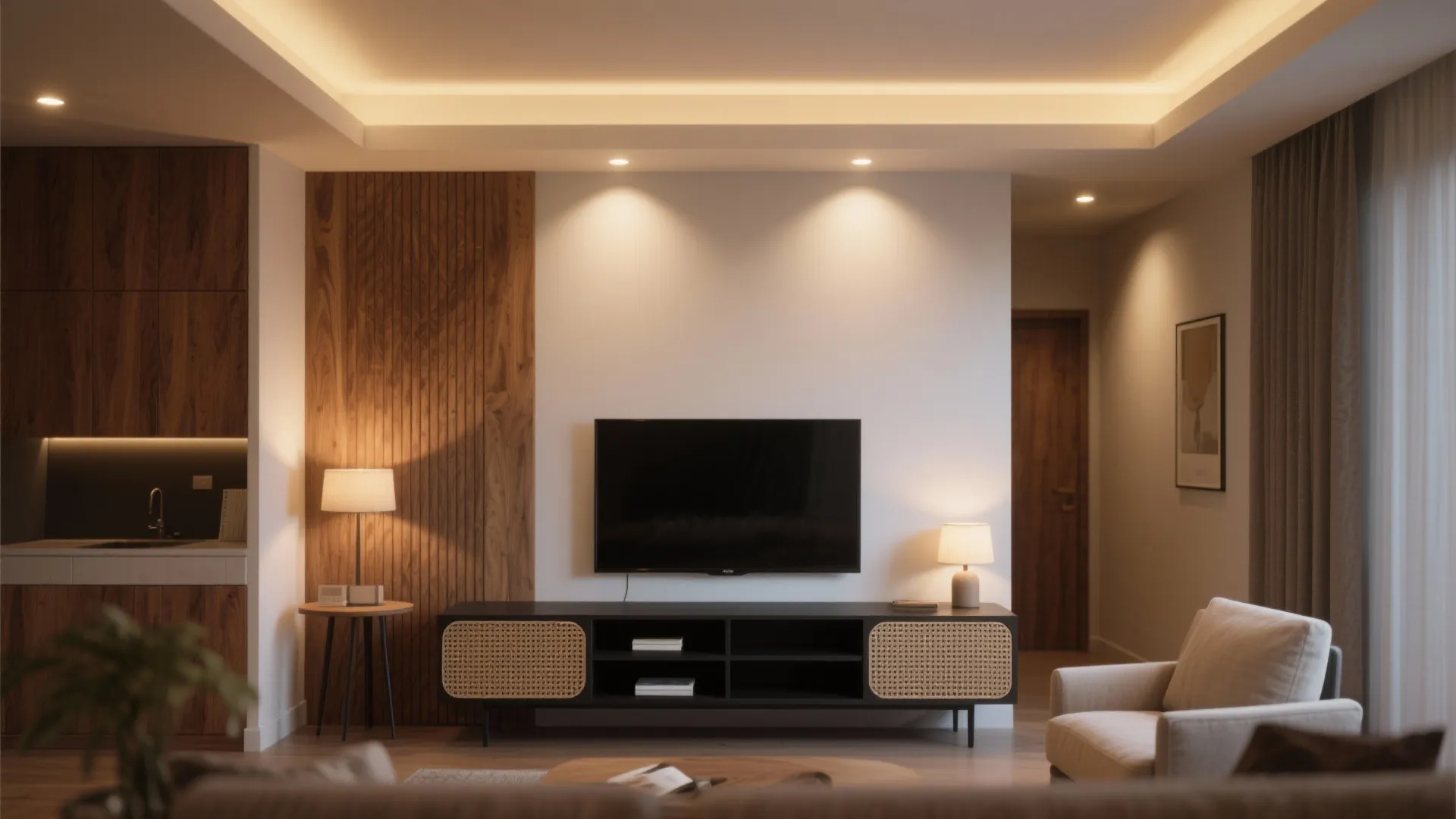 Warm wood accents with layered lighting