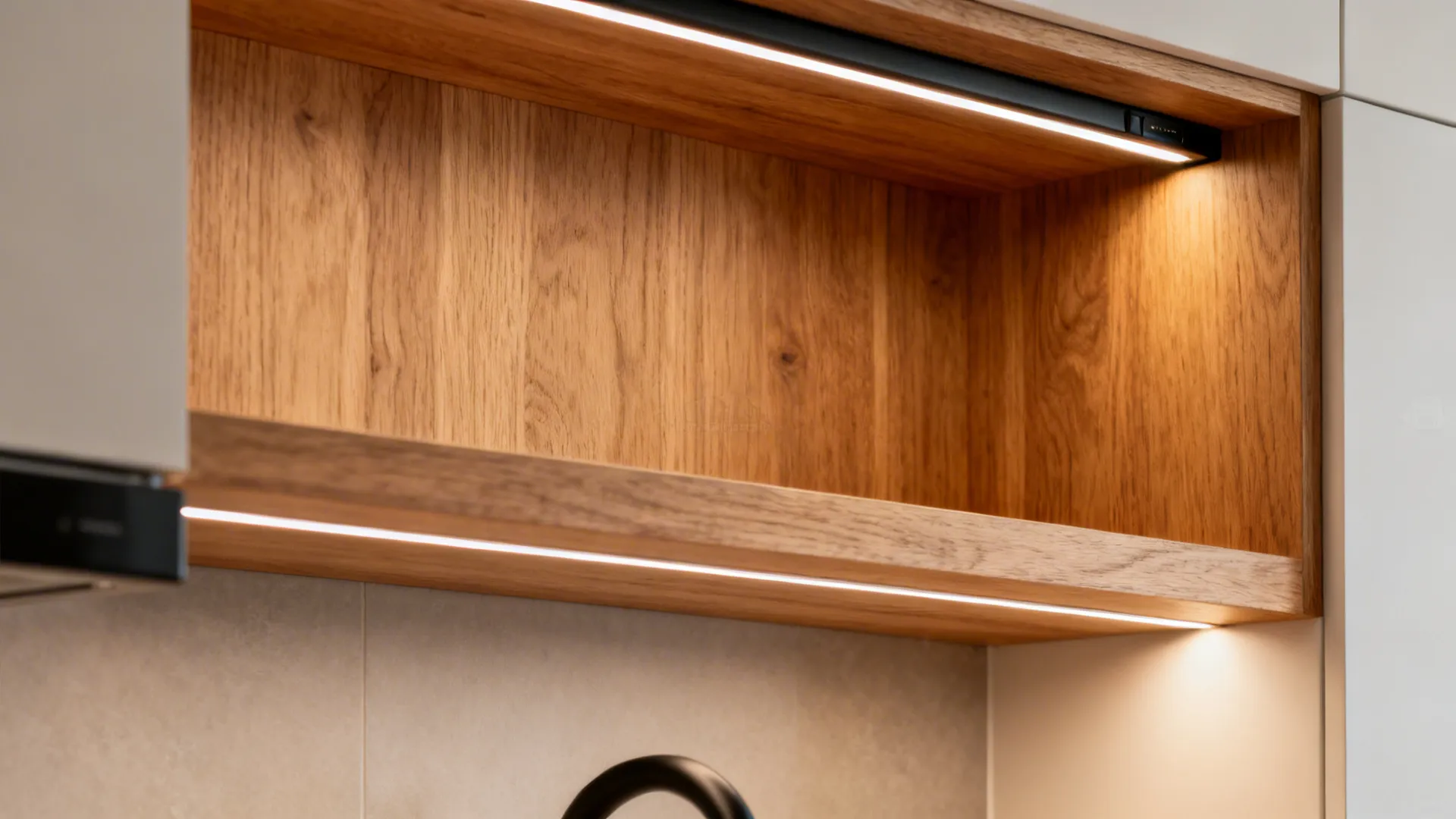 Close-up of an oak shelf with an integrated LED task light illuminating a matte backsplash.