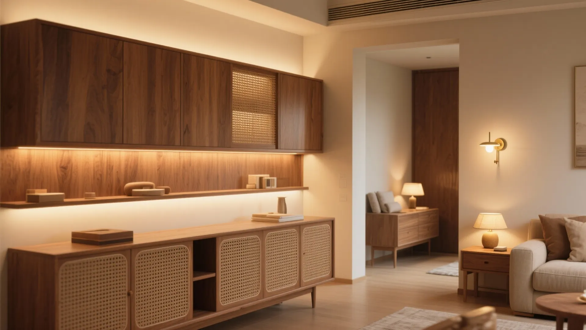 Warm Wood Accents and Smart Lighting With Indian Shades