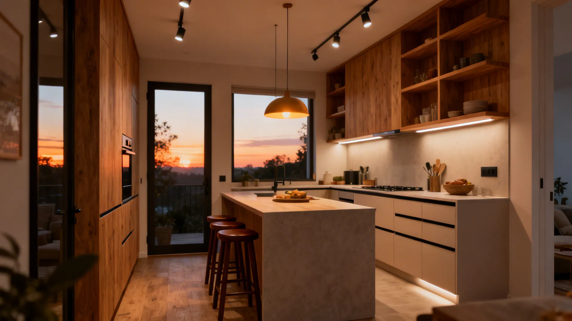 Small open kitchen with oak shelves, warm stools, and layered lighting including a dimmable pendant.
