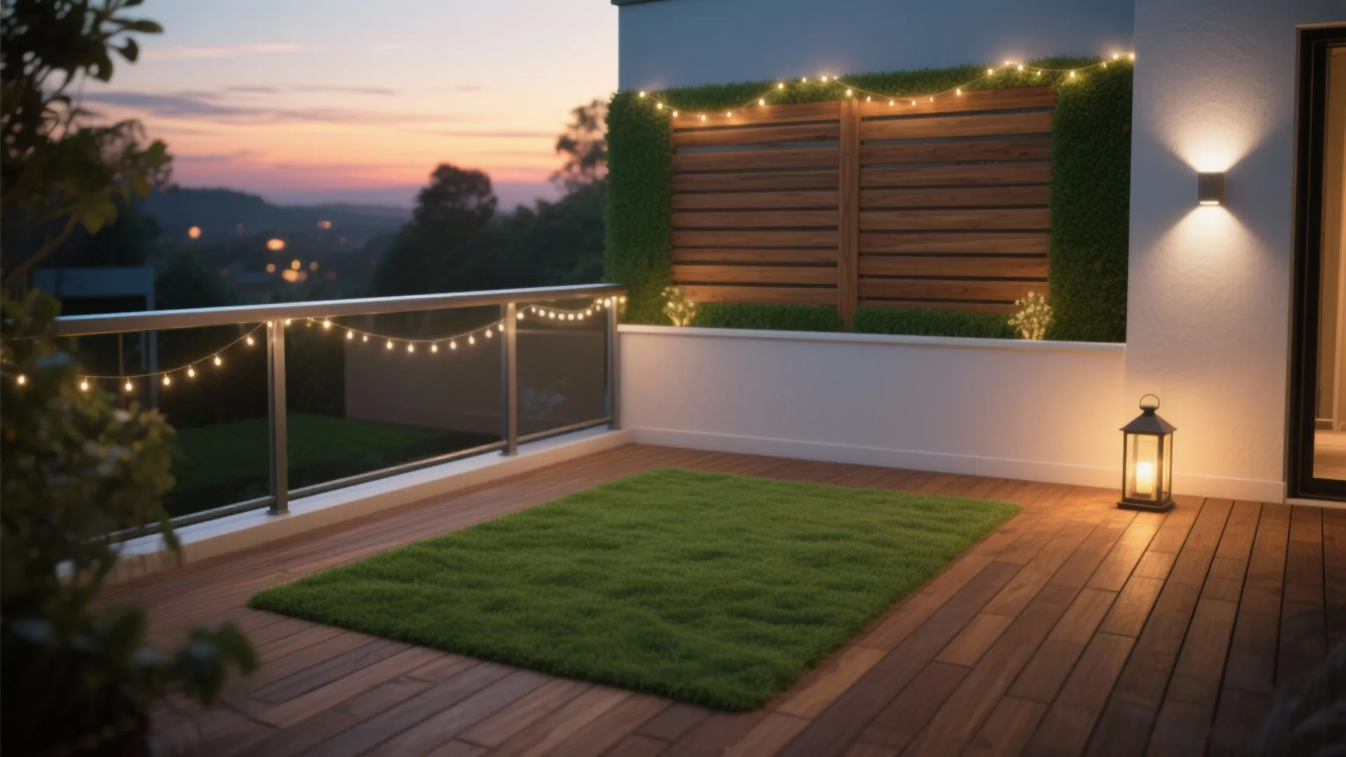 Warm wood accents and layered lighting over turf