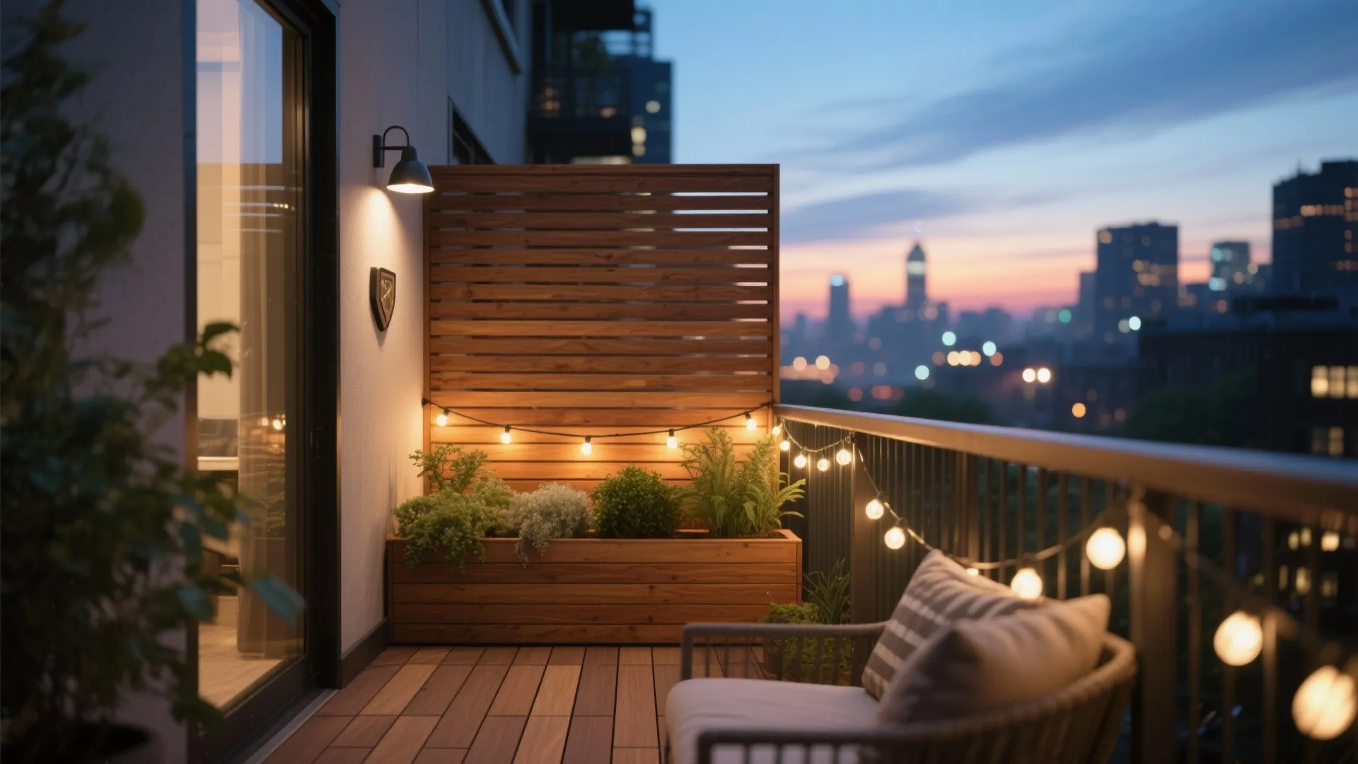 Warm wood tones with layered evening lighting