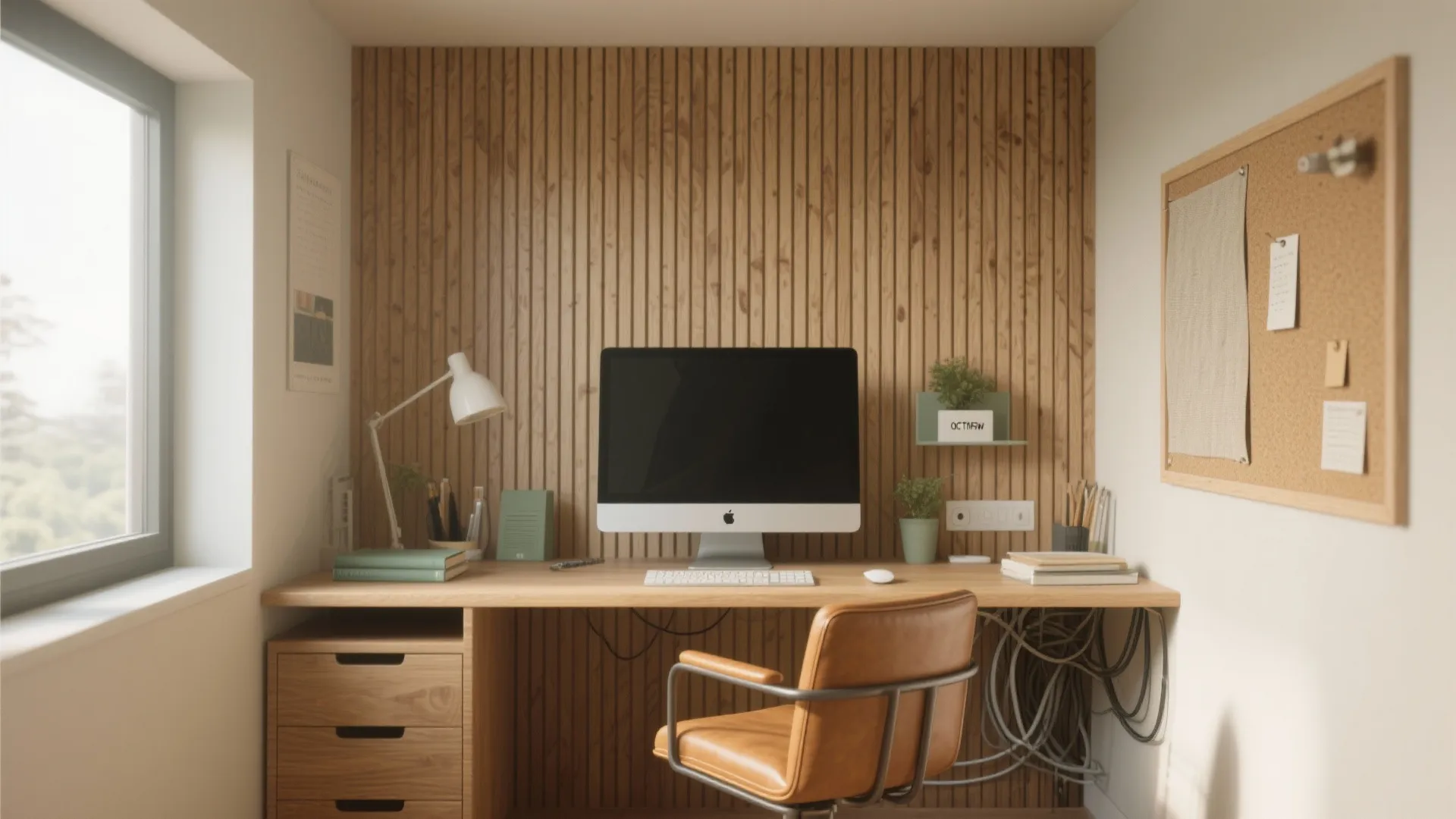 Modern home office with wood wall panel, computer desk, leather chair, window, and notice board