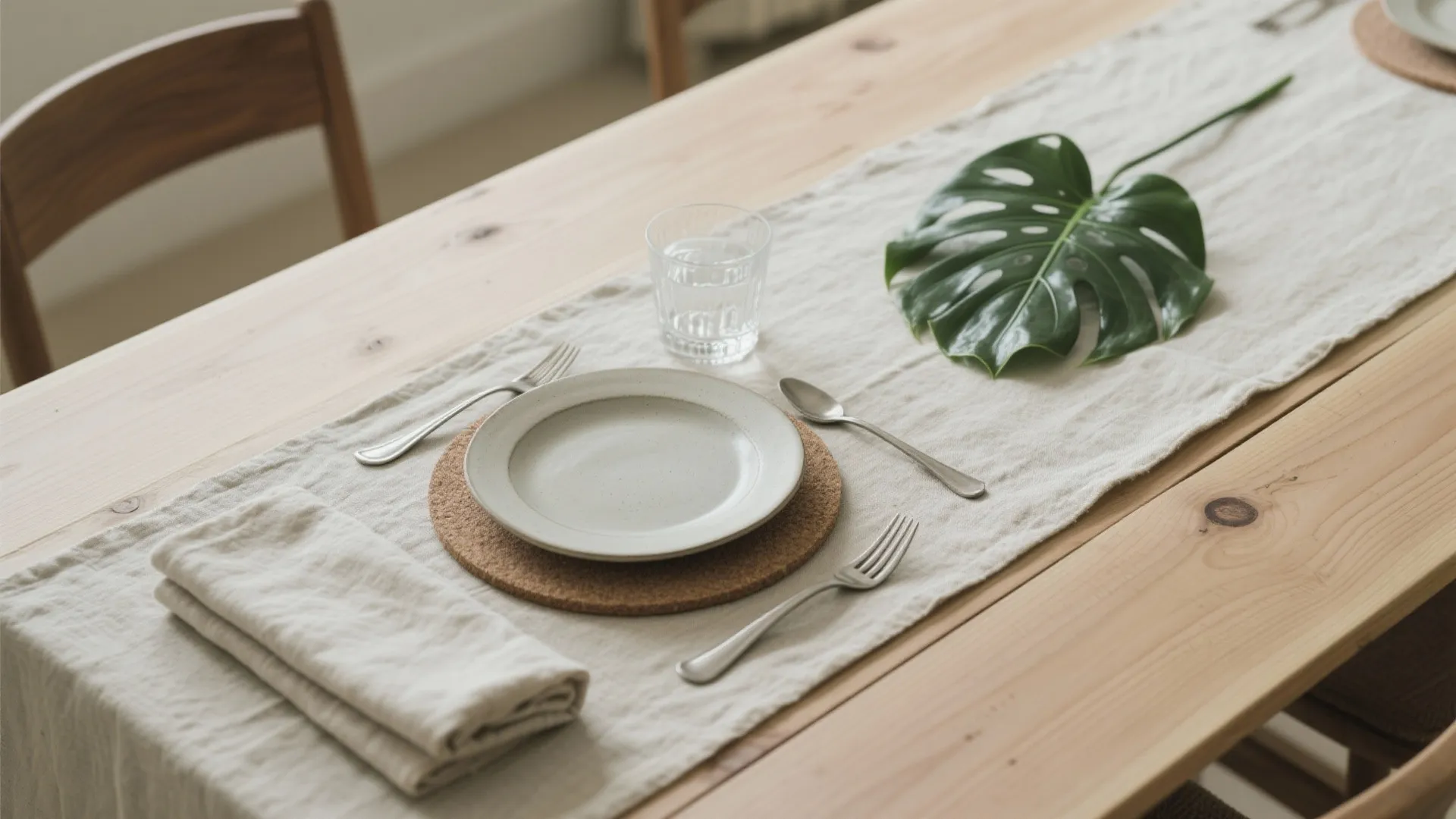 Wood, linen, and green touches for calm dining