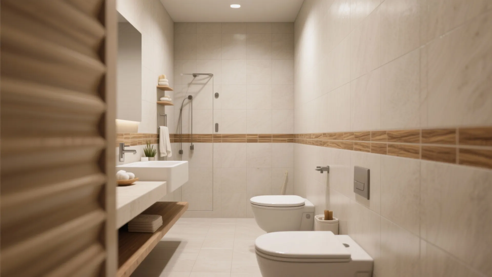 Spa-inspired bathroom with warm wood-look listello strip