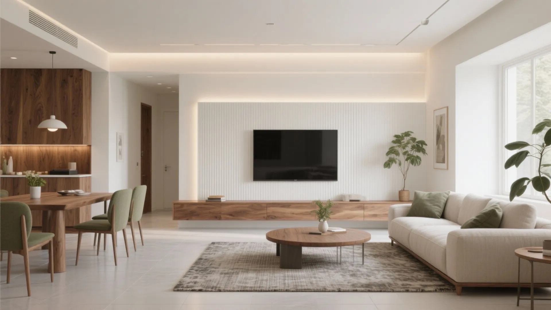 Warm wood accents in the living–dining