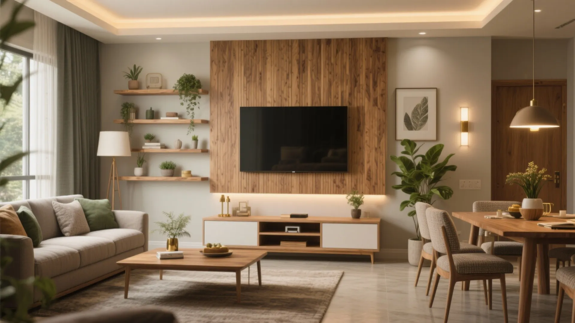 Warm wood accents for a calm living-dining