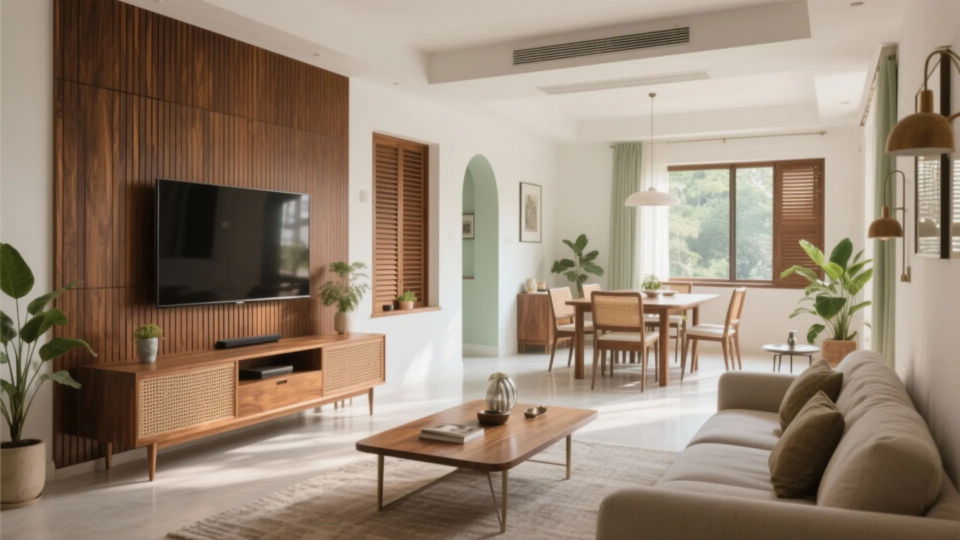 Warm Wood Accents in Living–Dining