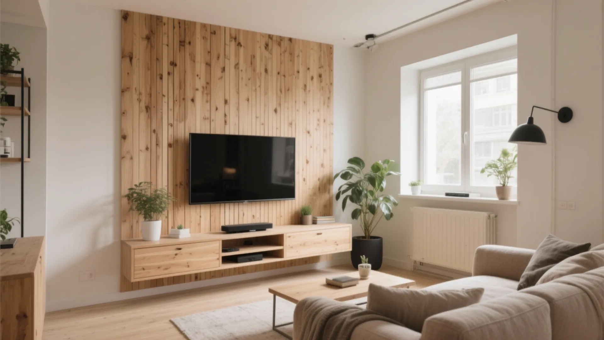Modern living room with wood wall panel, television, floating cabinet, sofa, and a large window