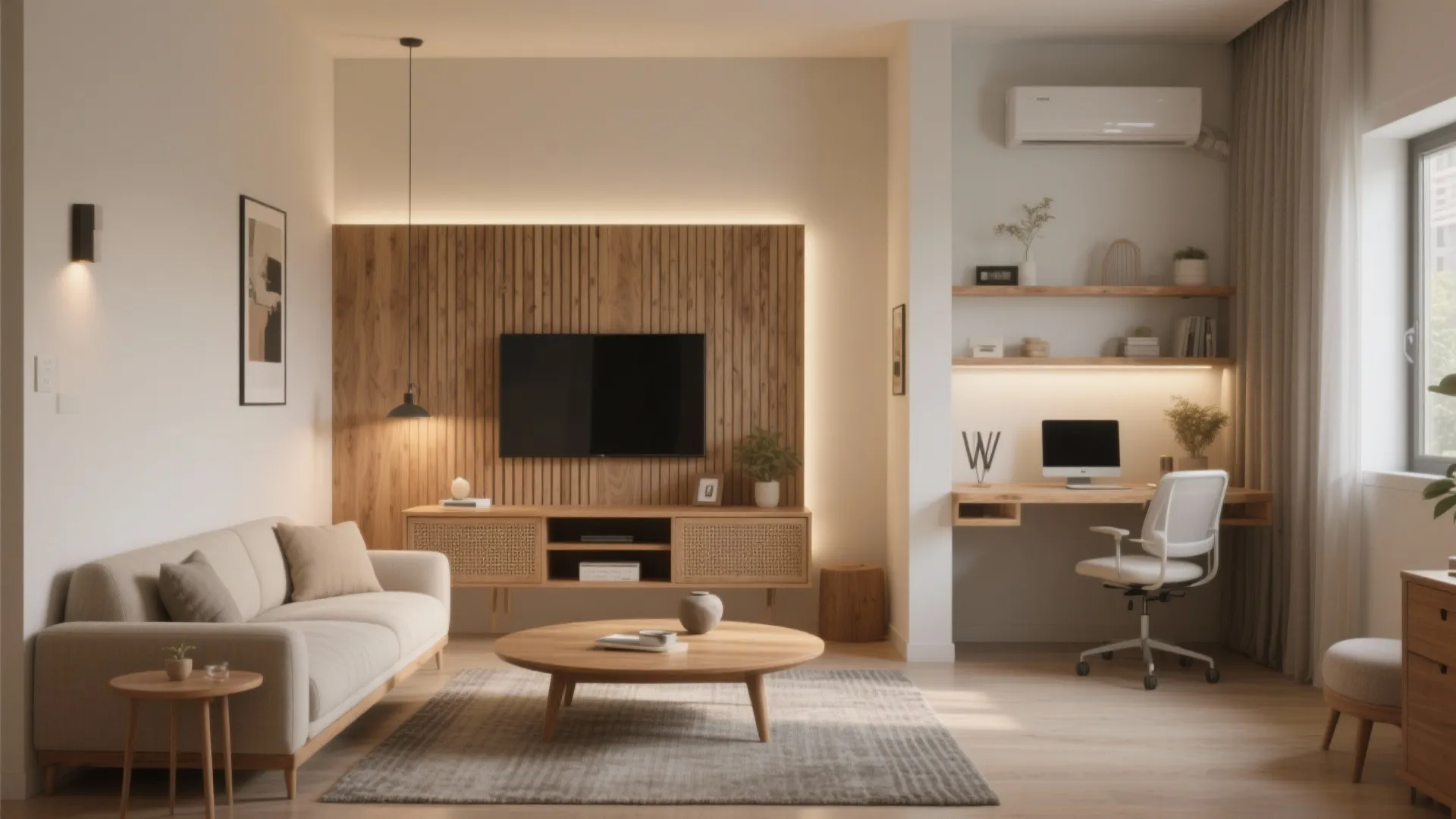 Warmth of Wood Elements in a Compact Living Room
