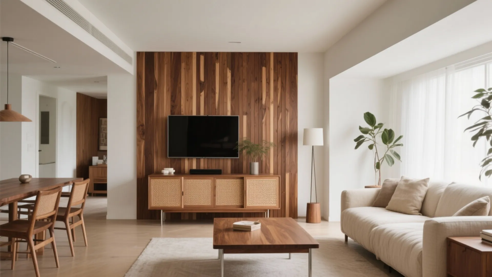 Warm wood accents for the living-dining