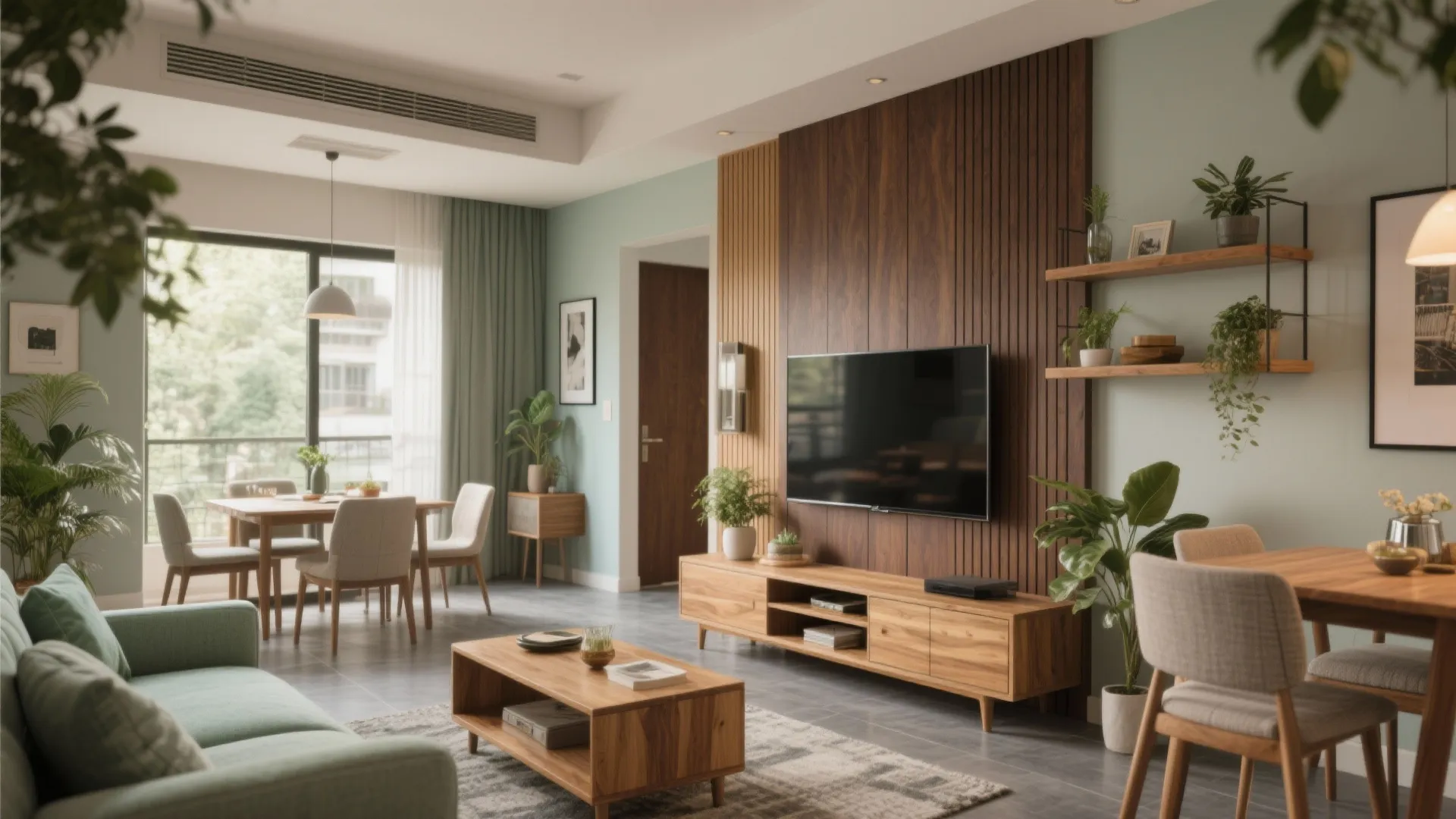 Warm Wood Elements in Living-Dining to Ground the Palette