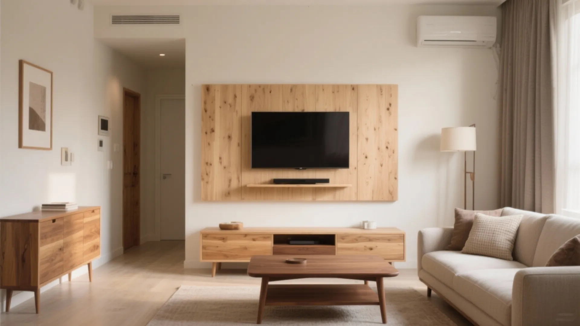 Warm wood accents in a compact living room