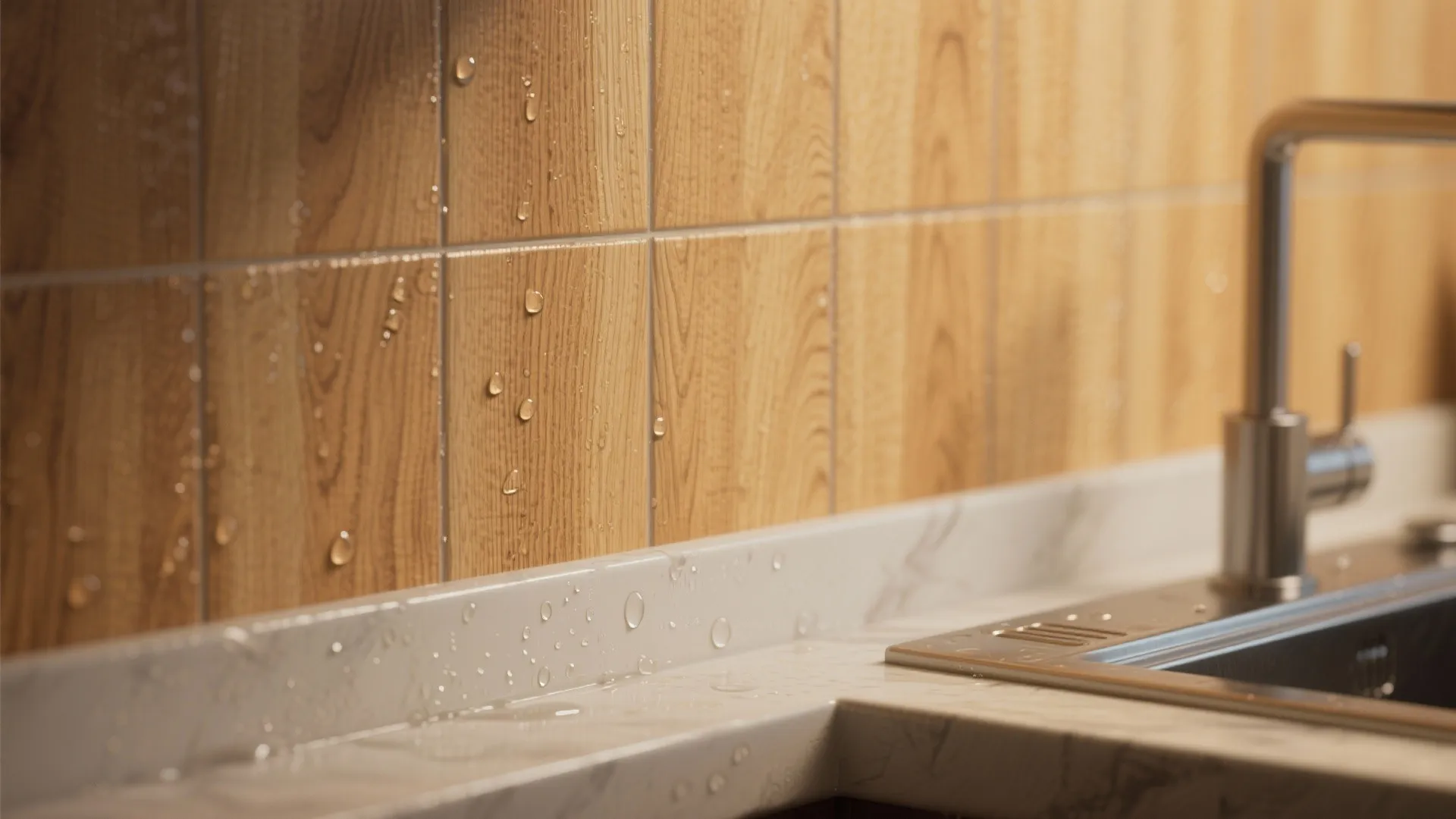 Close up of wood look wall tiles behind a marble kitchen countertop with water droplets