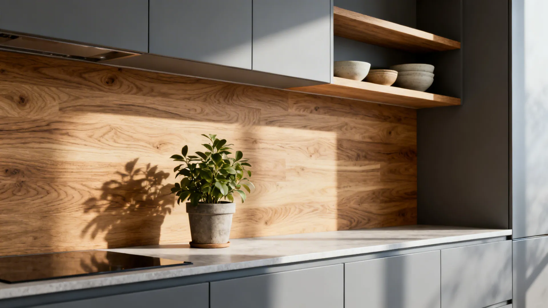 Oak veneer backsplash and open shelves bringing warmth to a gray kitchen under soft light.