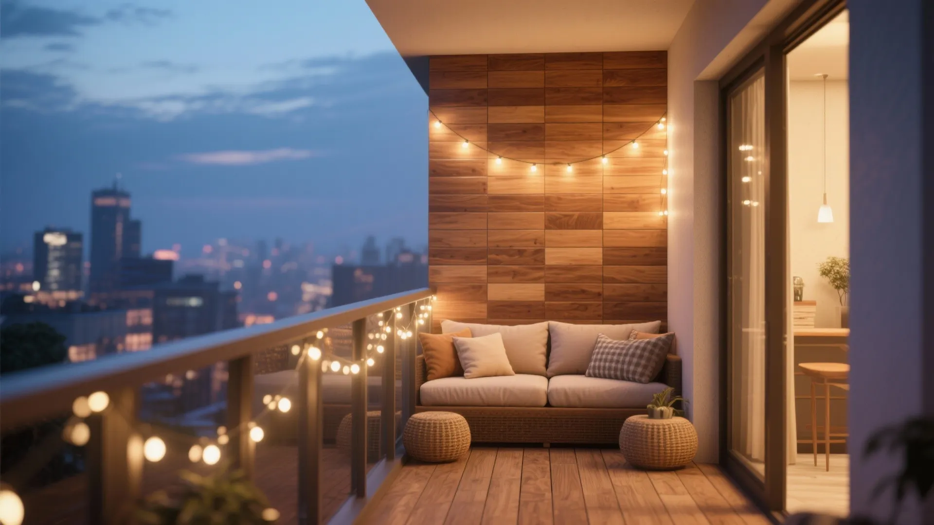 Cozy balcony at night with wood wall panels string lights a small sofa and city view