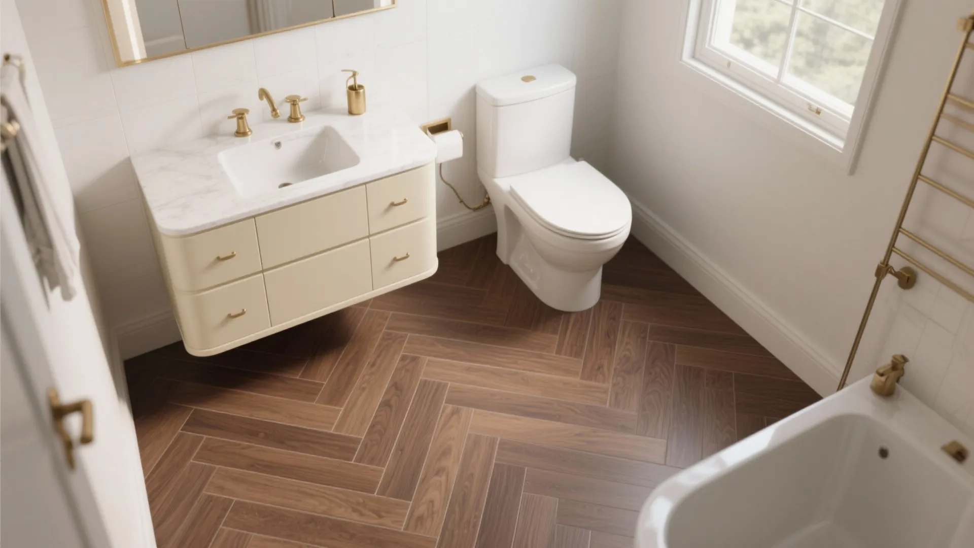 Warm Wood-Look Porcelain in Small Baths